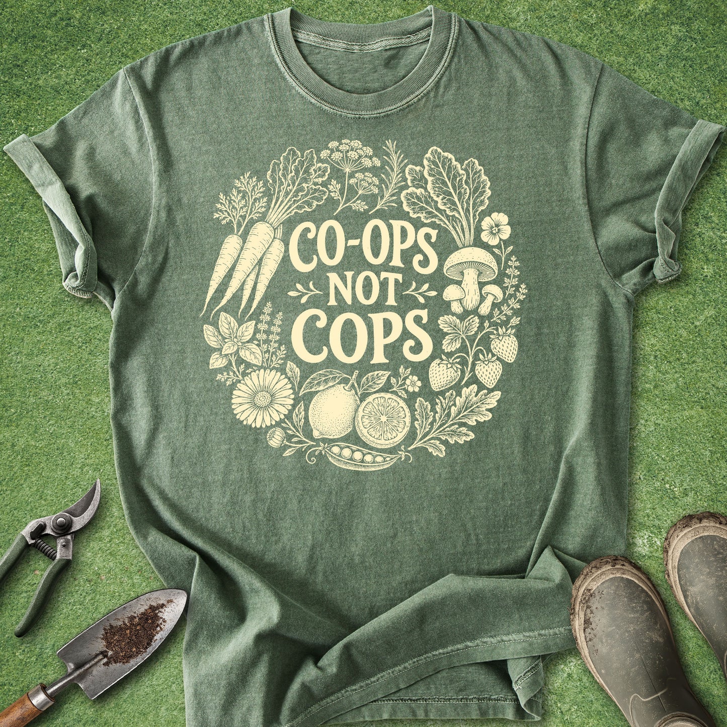 Green t-shirt with 'Co-ops Not Cops' design on a grassy background