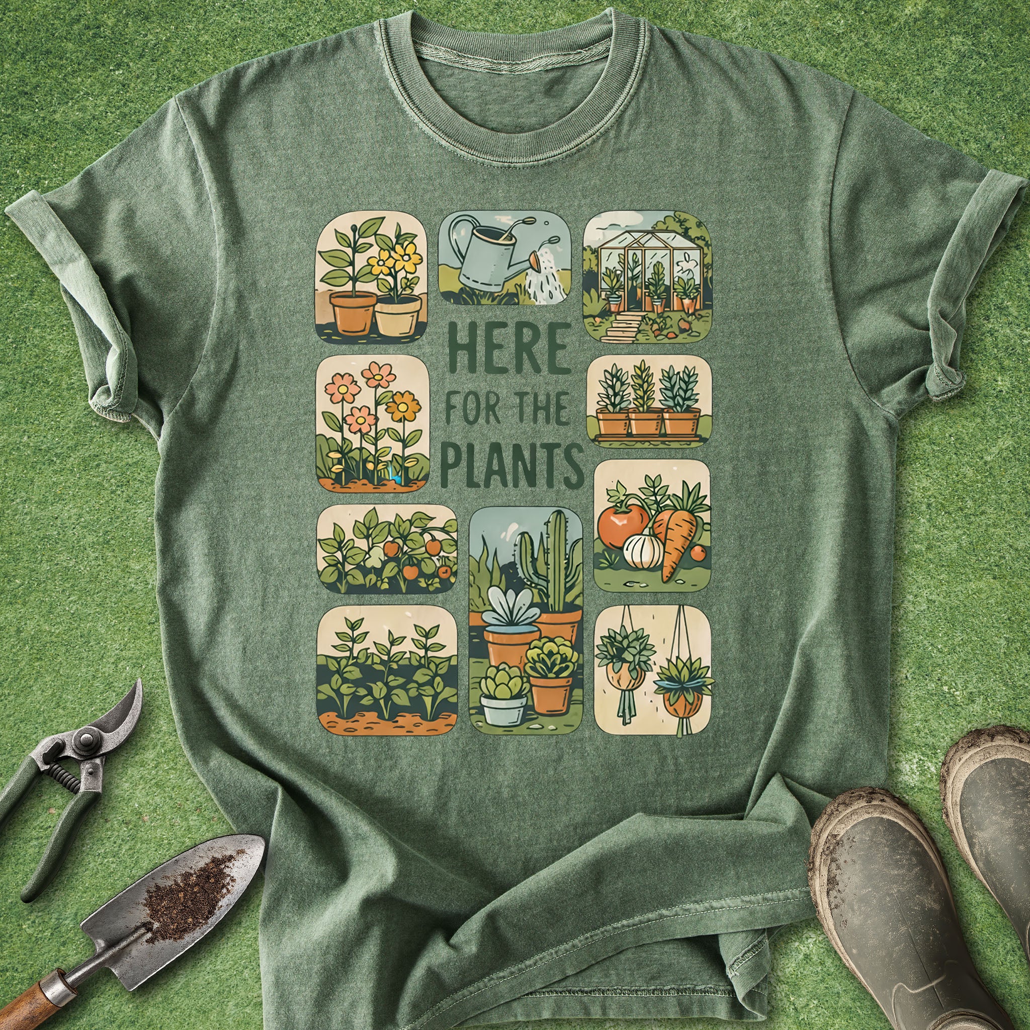 Green t-shirt with gardening-themed design on a grass background