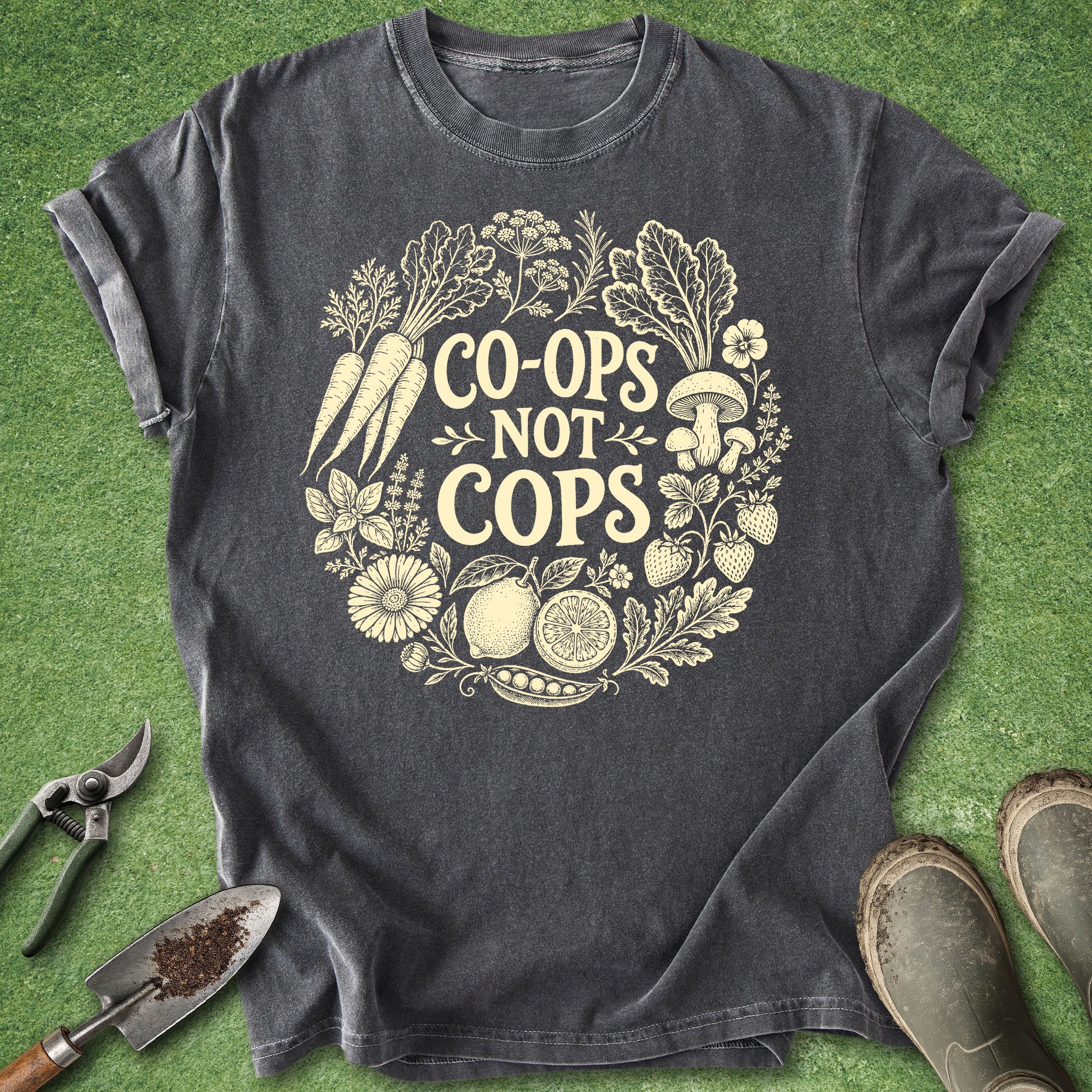 Vintage botanical gardening t-shirt with vegetables and flowers in a circular wreath and the phrase "Co-ops not cops" on a black shirt