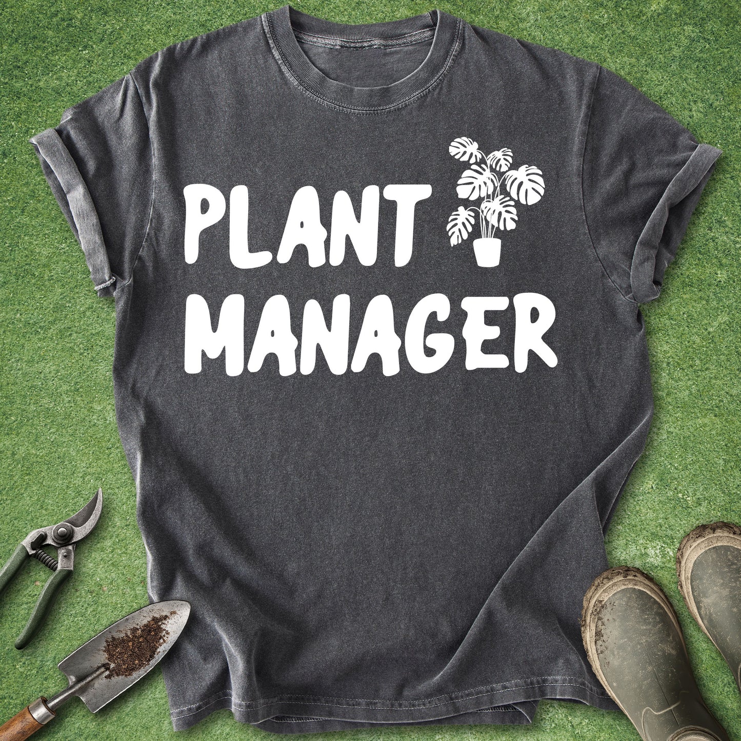 Gray t-shirt with 'Plant Manager' text and plant icon on green grass background
