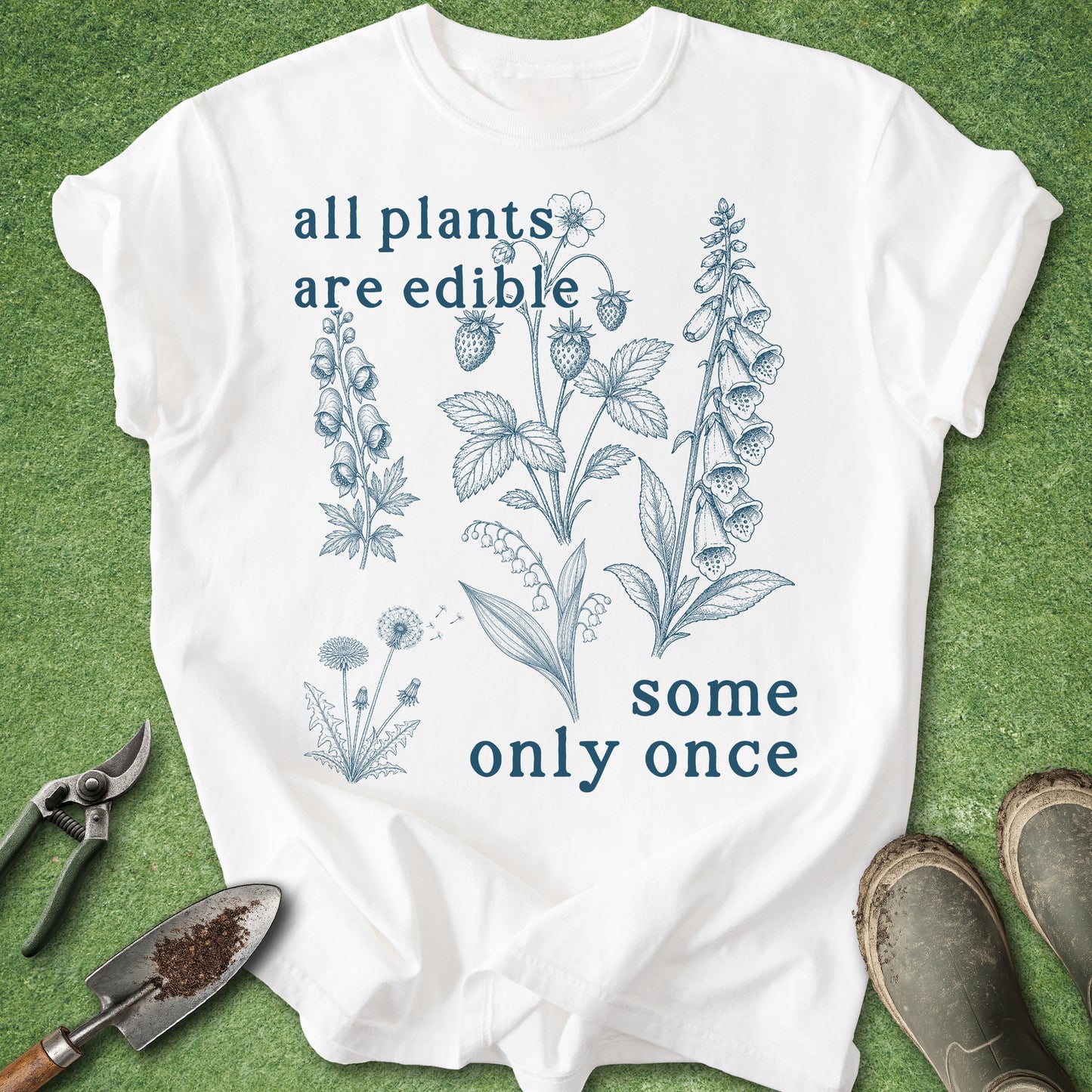 Funny botanical gardening t-shirt with “All plants are edible some only once” quote and vintage plant illustrations on pepper gray shirt