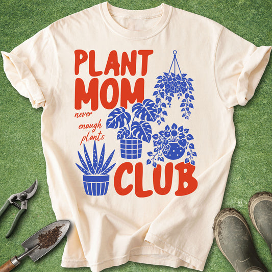 Plant Mom Club t-shirt with colorful houseplant illustrations and “never enough plants” quote on ivory shirt