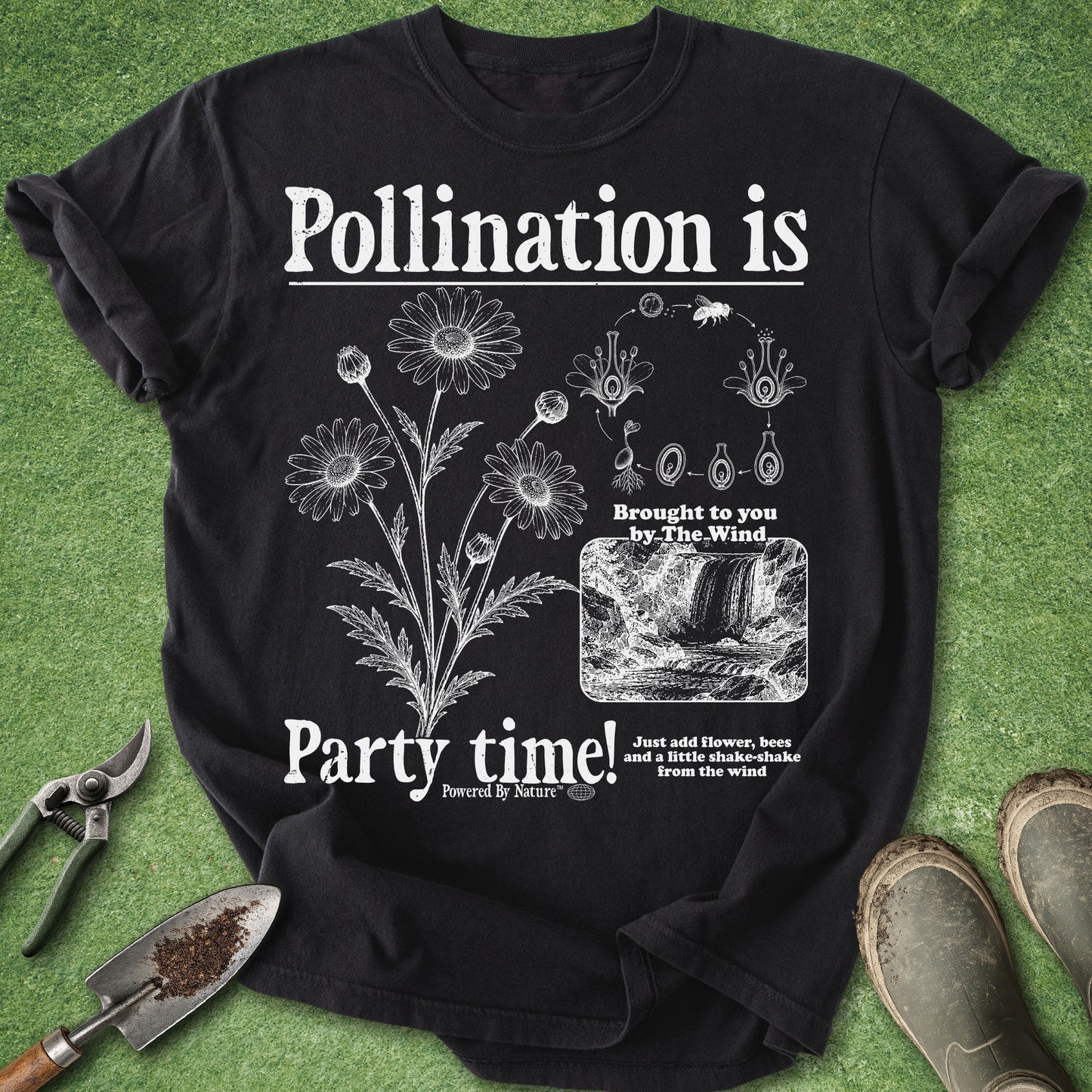 Black t-shirt with 'Pollination is Party time!' design on a green grass background
