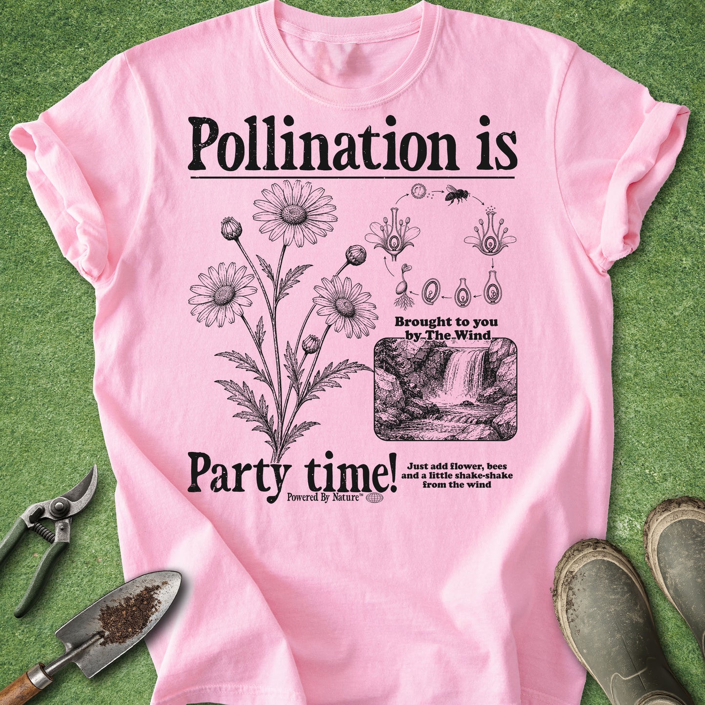 Pink t-shirt with pollination graphic and text on a green background