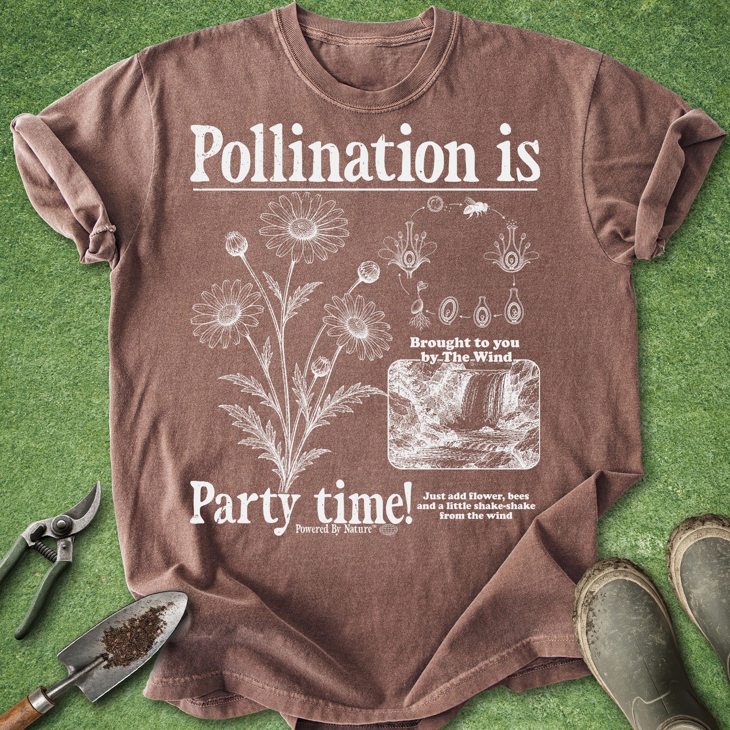 Brown t-shirt with 'Pollination is Party time!' design on a green background