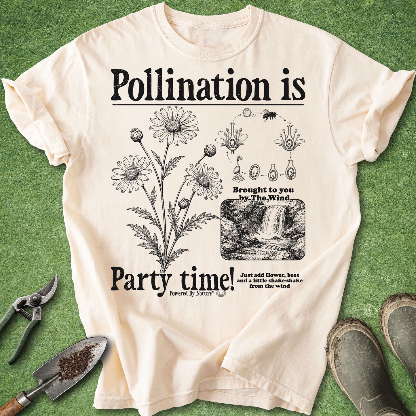 Funny pollination gardening t-shirt with botanical flower illustrations, bee pollination diagrams, and “Pollination Is Party Time” text on ivory shirt