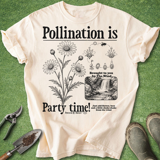 Funny pollination gardening t-shirt with botanical flower illustrations, bee pollination diagrams, and “Pollination Is Party Time” text on ivory shirt