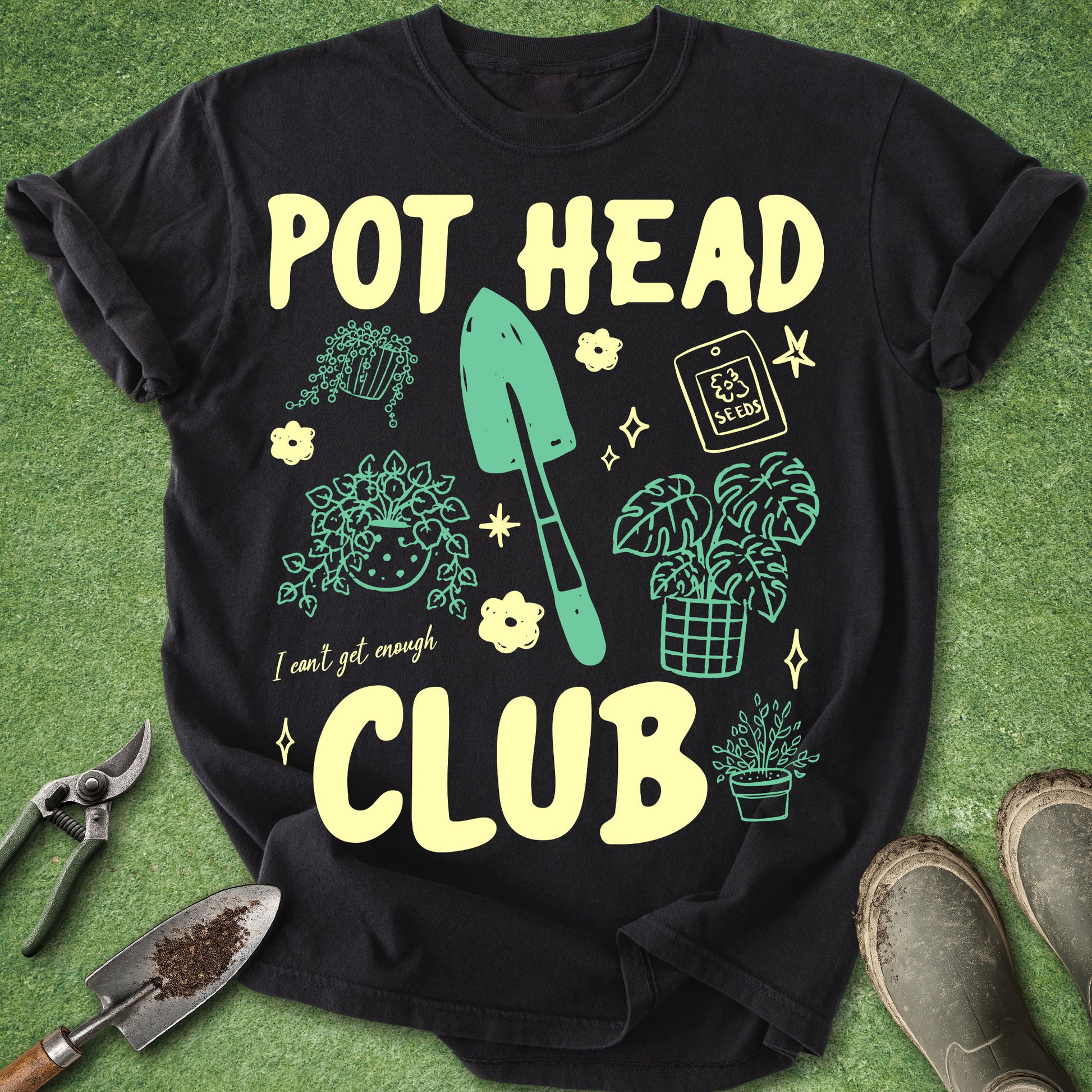 Black t-shirt with 'Pot Head Club' design on a green grass background