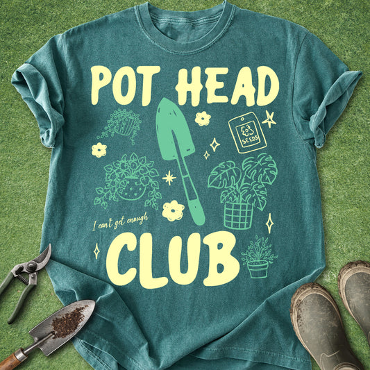 Funny pot head club plant lover t-shirt with retro houseplant and gardening doodles on dark gray shirt