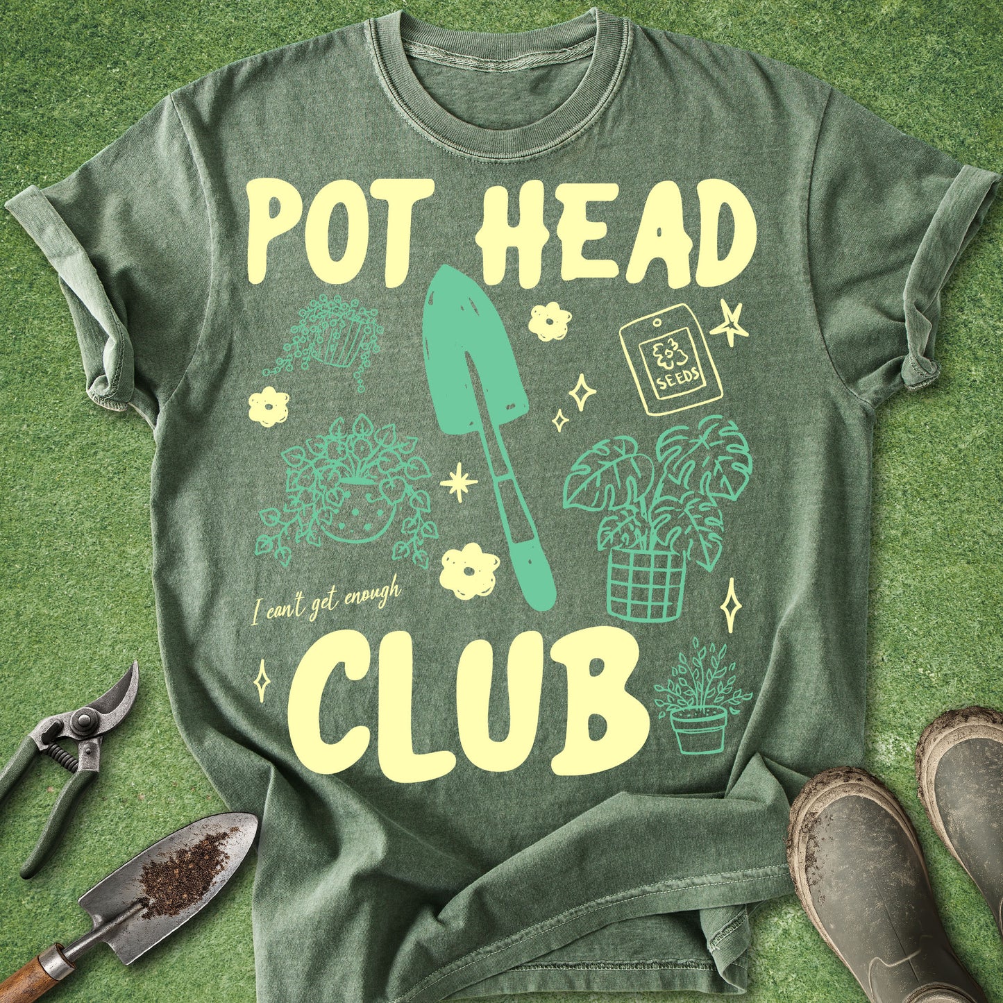 Green t-shirt with 'POT HEAD CLUB' text and gardening graphics on a green background