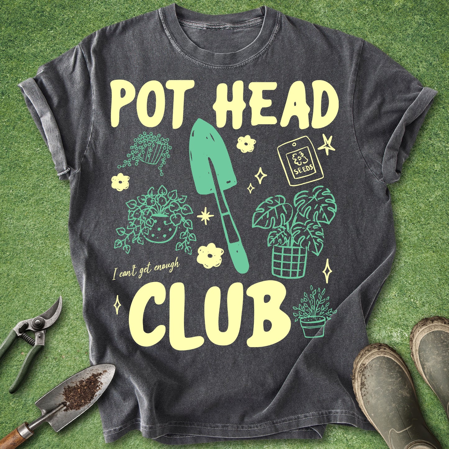 Black t-shirt with 'Pot Head Club' design on a green grass background