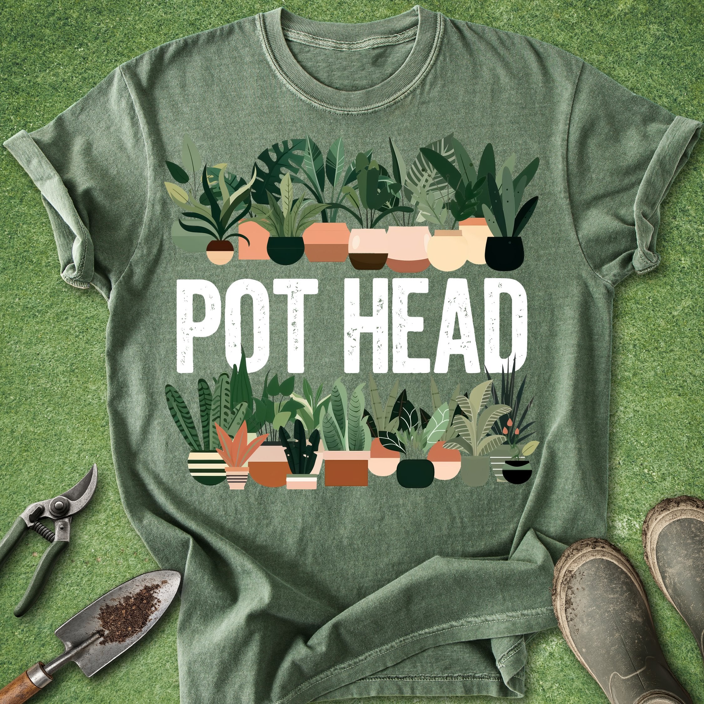 Green t-shirt with 'POT HEAD' text and plant illustrations on a green background