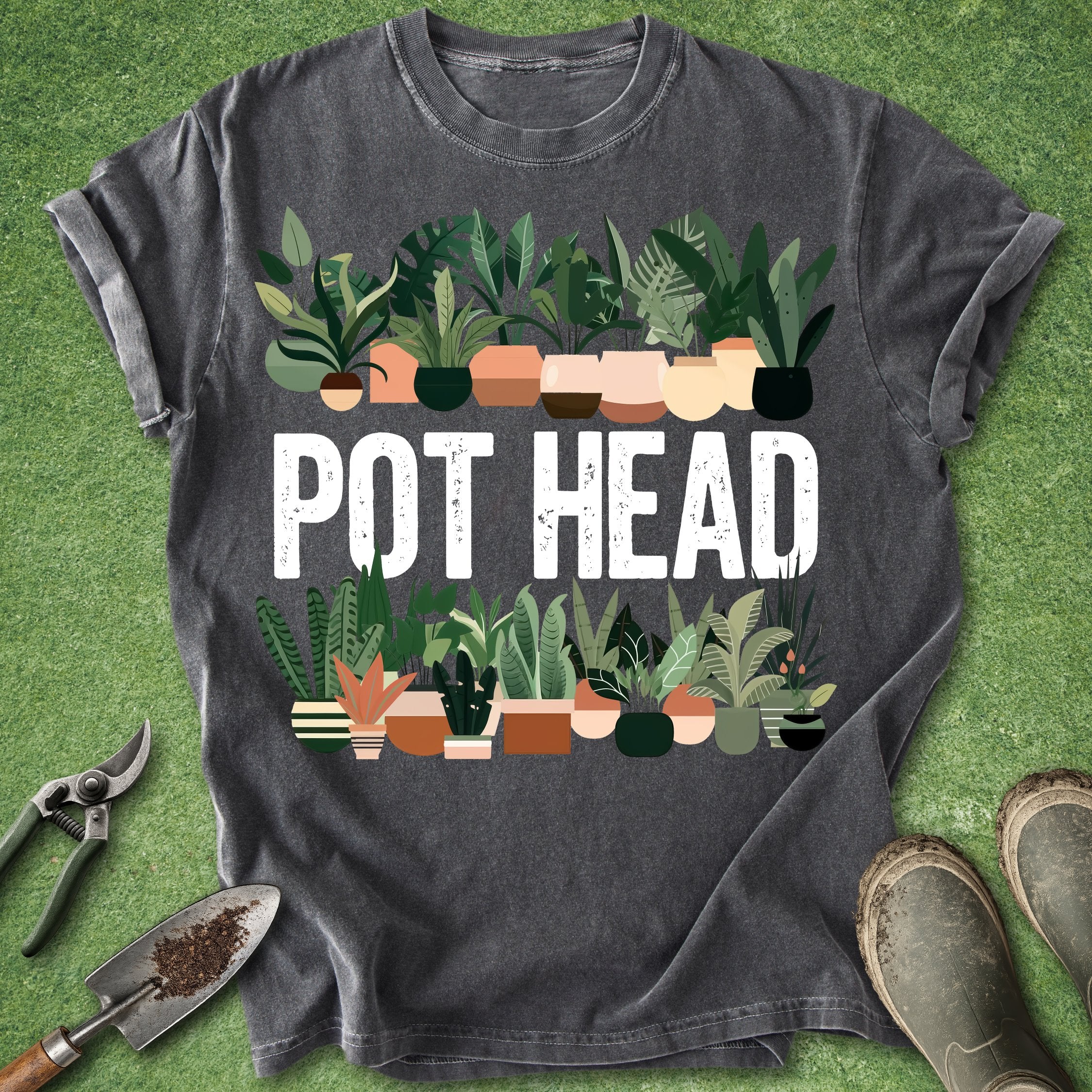 Gray t-shirt with 'POT HEAD' graphic on a green grass background