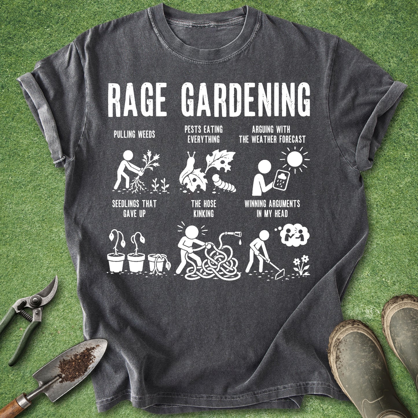 Funny "Rage Gardening" design featuring stick figure illustrations of common gardening frustrations including pulling weeds, pests eating plants, arguing with the weather forecast, dead seedlings, tangled hoses, and imaginary arguments while gardening.