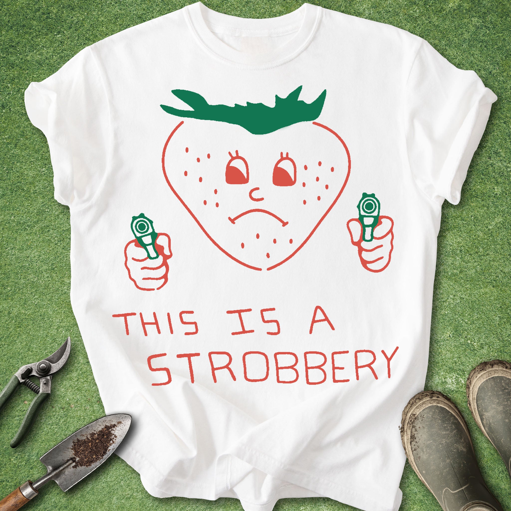 White t-shirt with a strawberry graphic and text 'THIS IS A STROBBERY' on a green background.