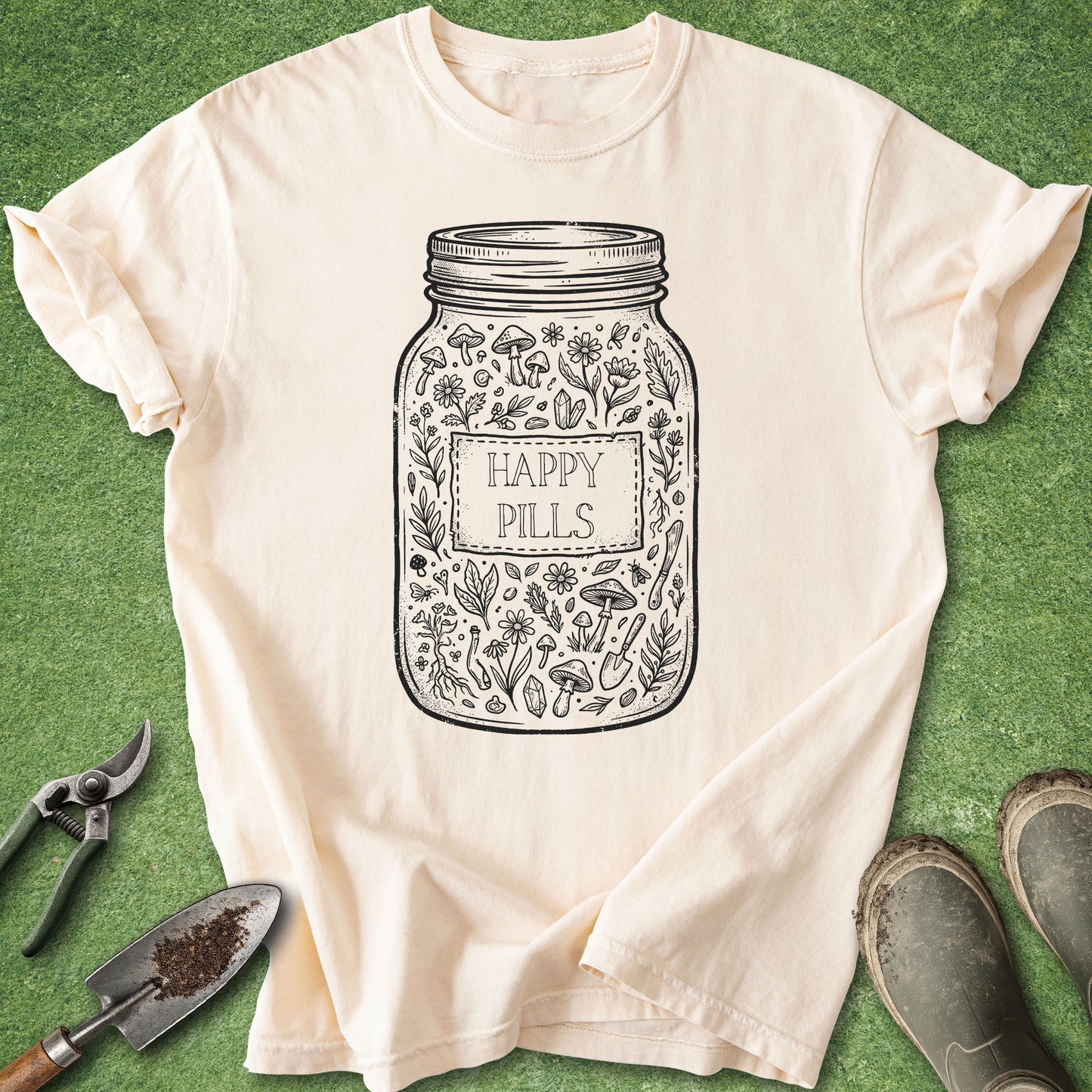 Vintage apothecary mason jar botanical shirt with happy pills quote on ivory tee
