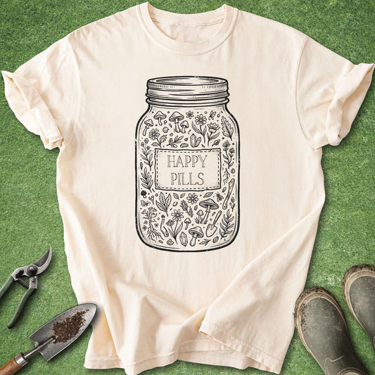 Vintage apothecary mason jar botanical shirt with happy pills quote on ivory tee
