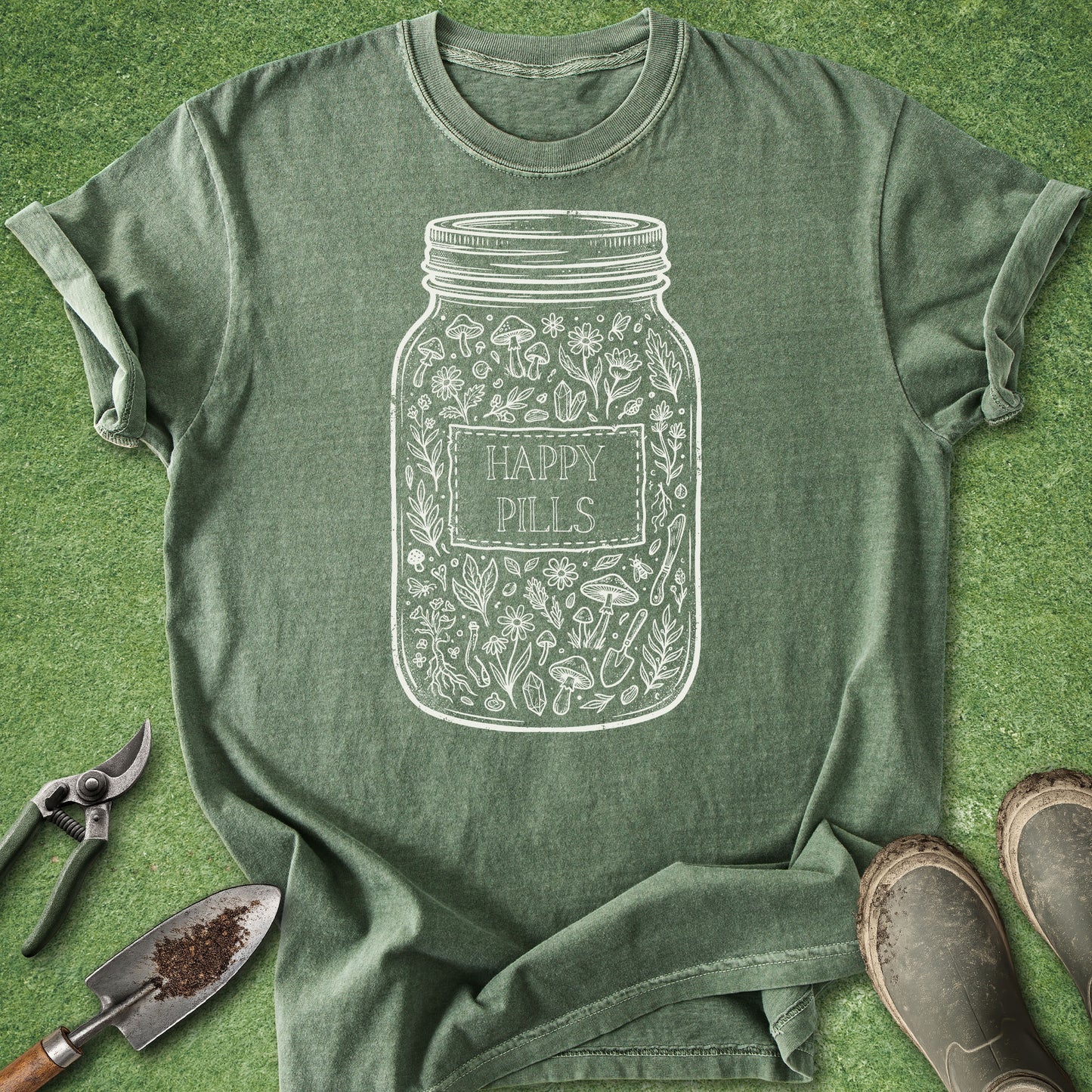 Green t-shirt with 'Happy Pills' jar design on a grassy background