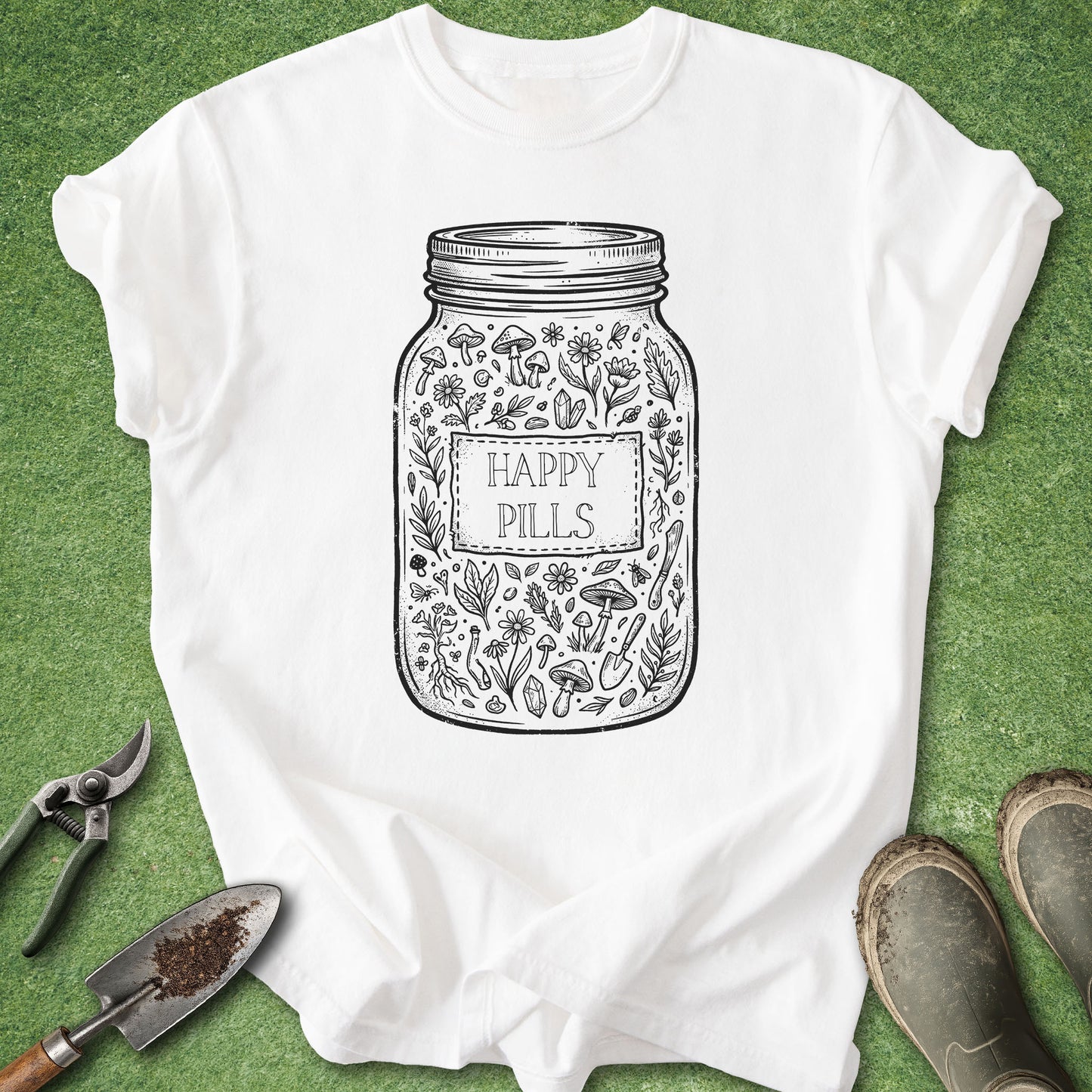 White t-shirt with 'Happy Pills' jar design on a green background