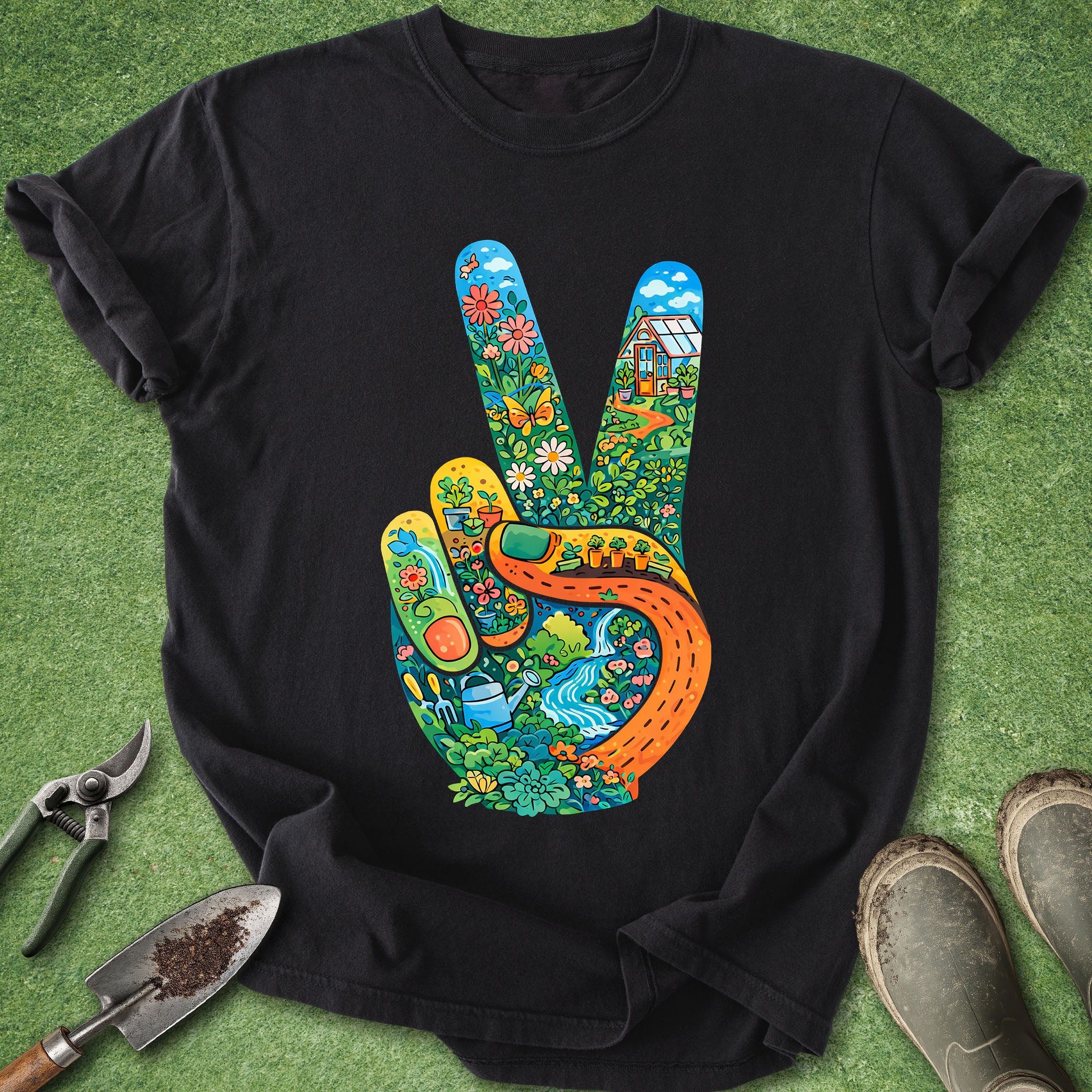 colorful garden lover shirt with peace hand botanical illustration flowers plants and nature gardening t-shirt