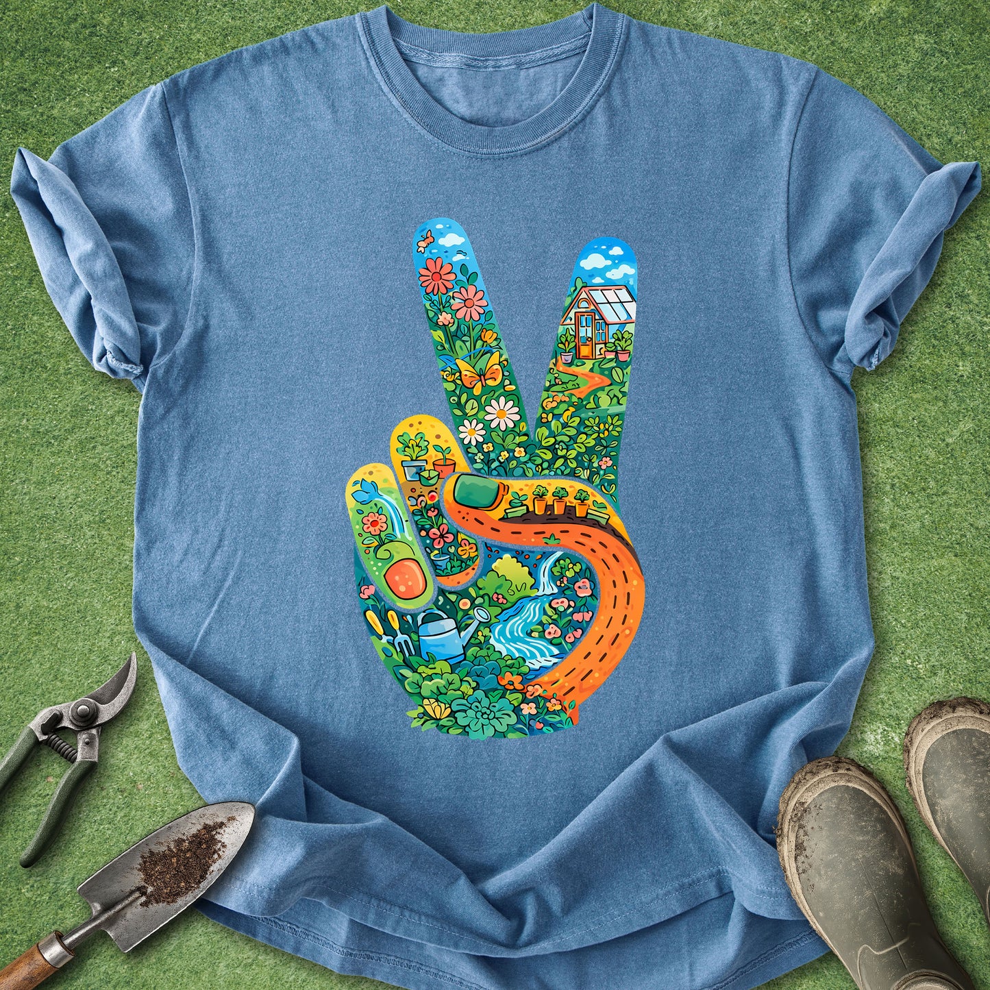 colorful garden lover shirt with peace hand botanical illustration flowers plants and nature gardening t-shirt