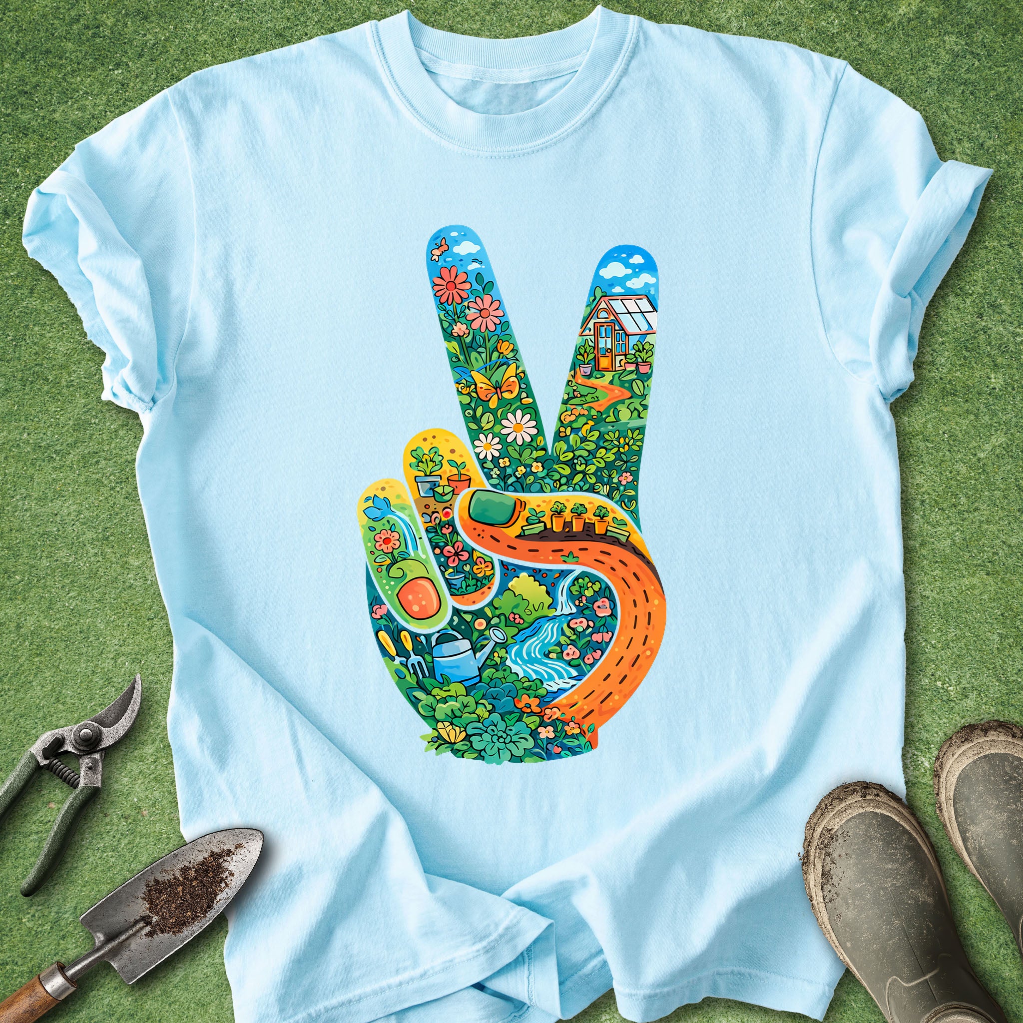 colorful garden lover shirt with peace hand botanical illustration flowers plants and nature gardening t-shirt
