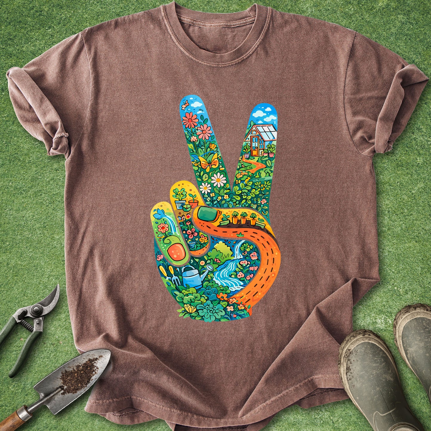 Brown t-shirt with a colorful peace sign design on a green grass background