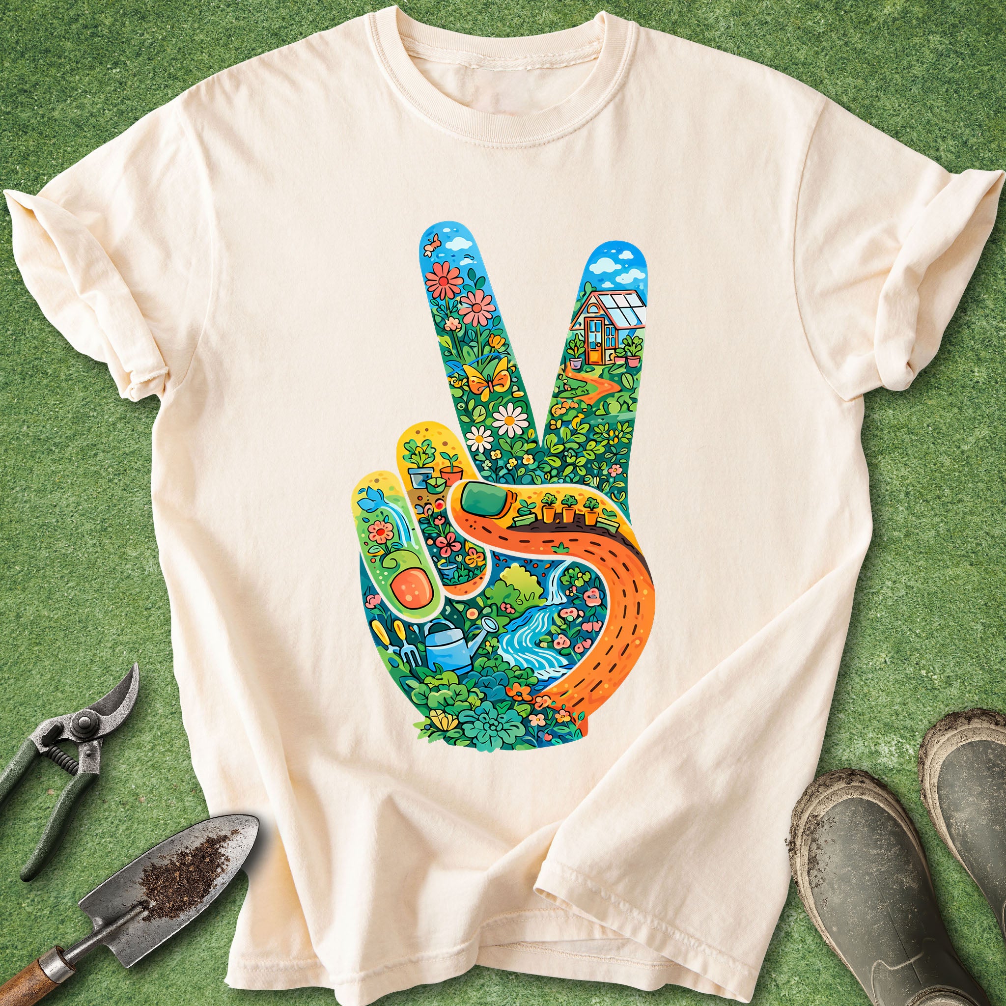 White t-shirt with a colorful peace sign design on a green surface with gardening tools.