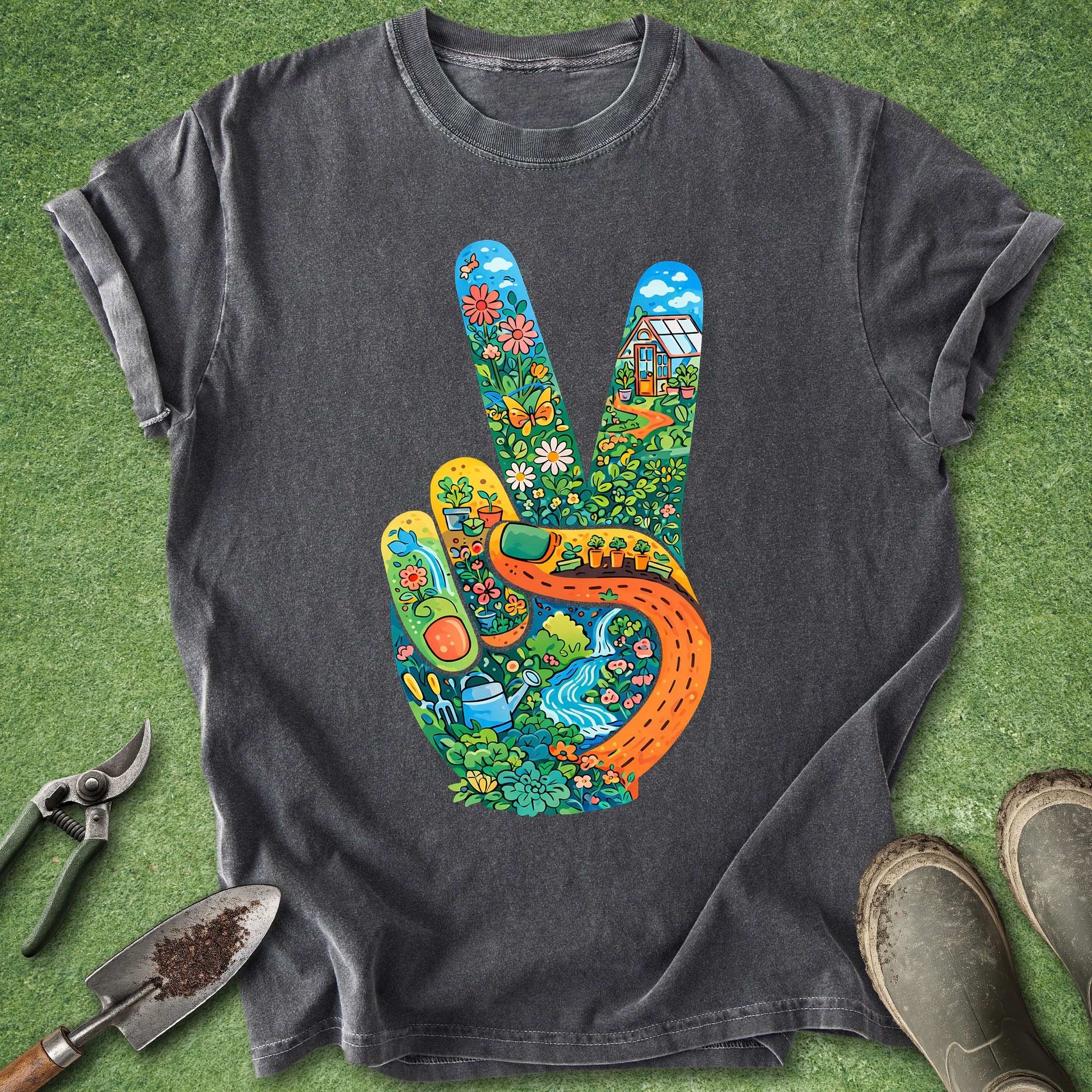 Gray t-shirt with a colorful peace sign design on a green grass background
