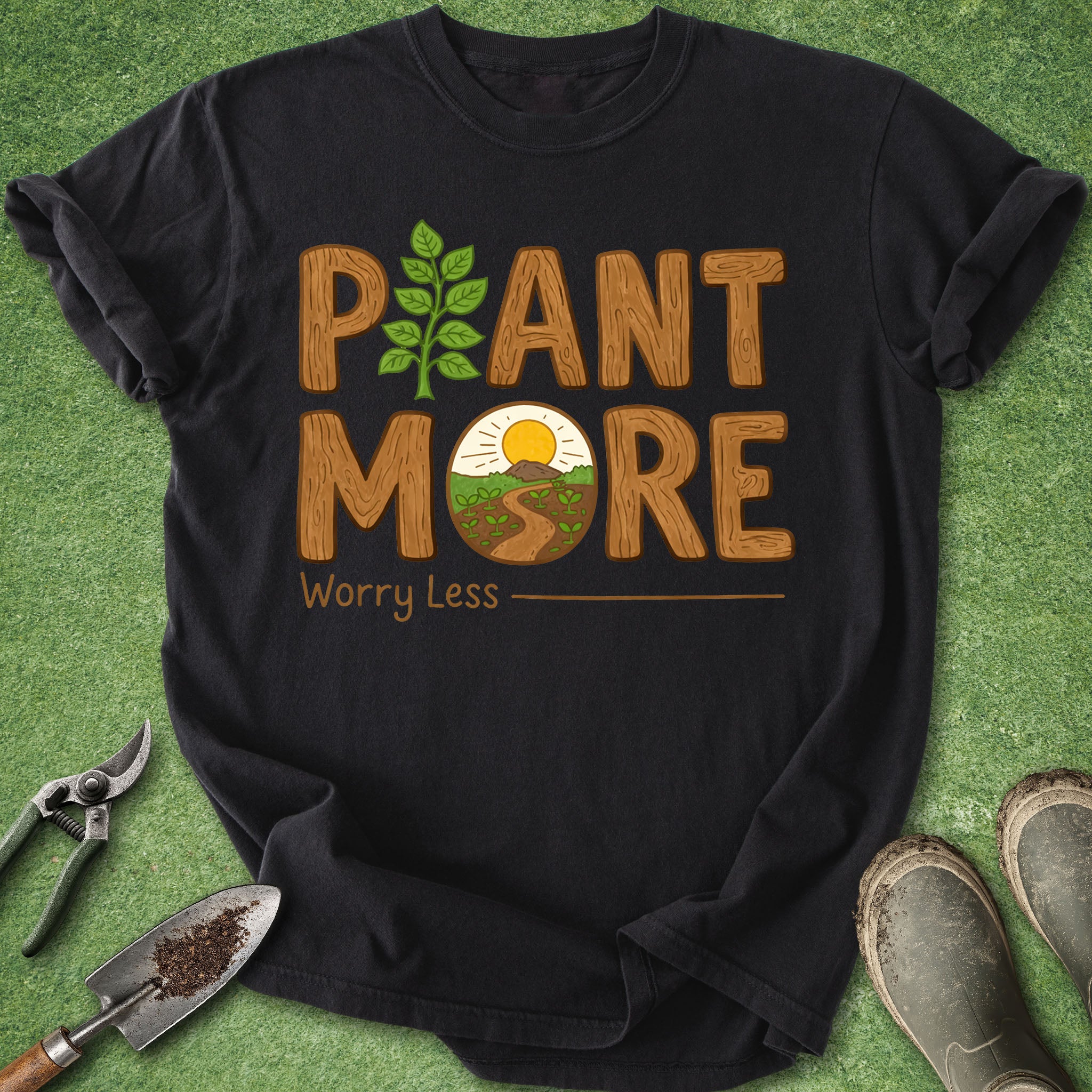 Black t-shirt with 'Plant More Worry Less' text on a green background with gardening tools.