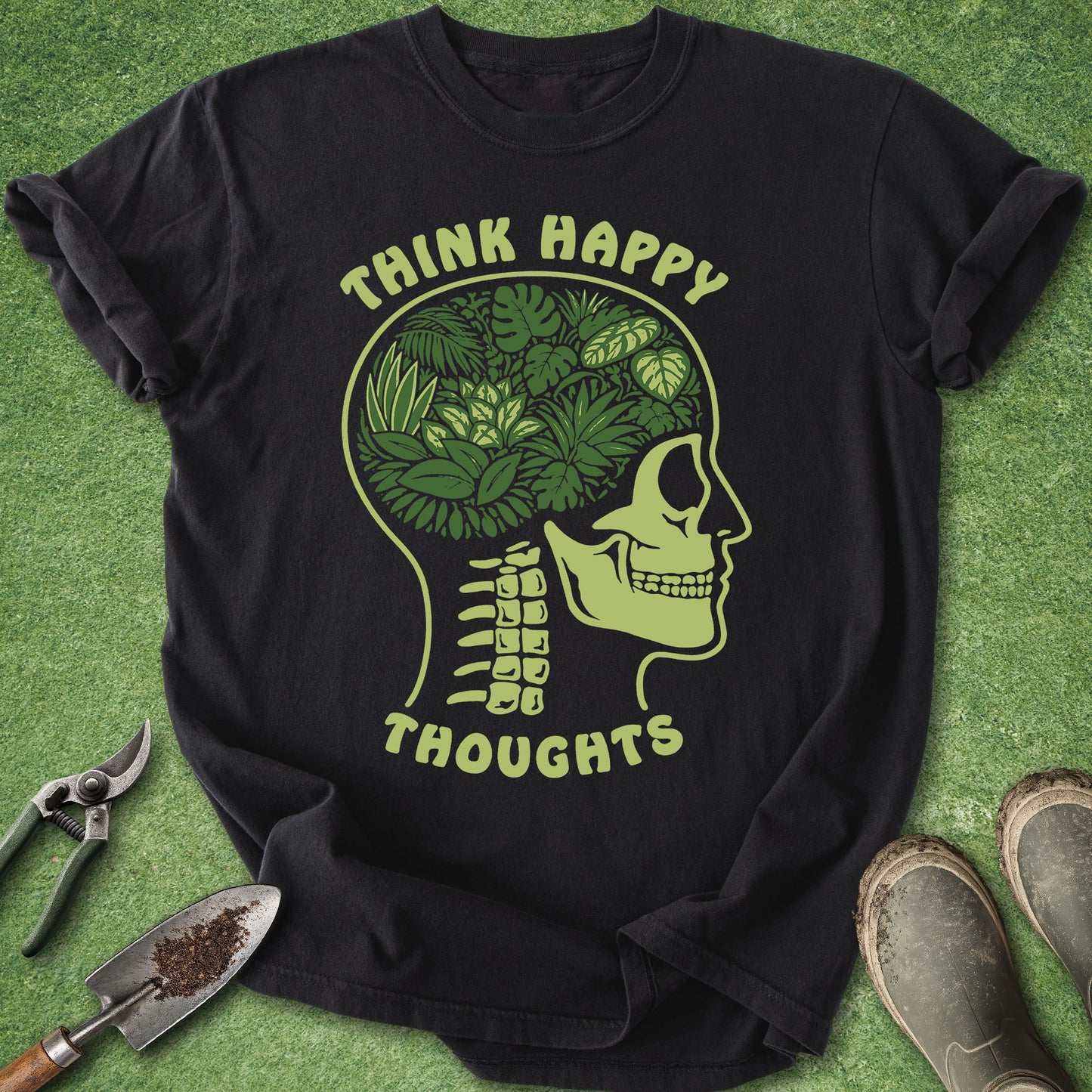 think happy thoughts shirt botanical skull plant lover aesthetic gardening t shirt nature mental health tee