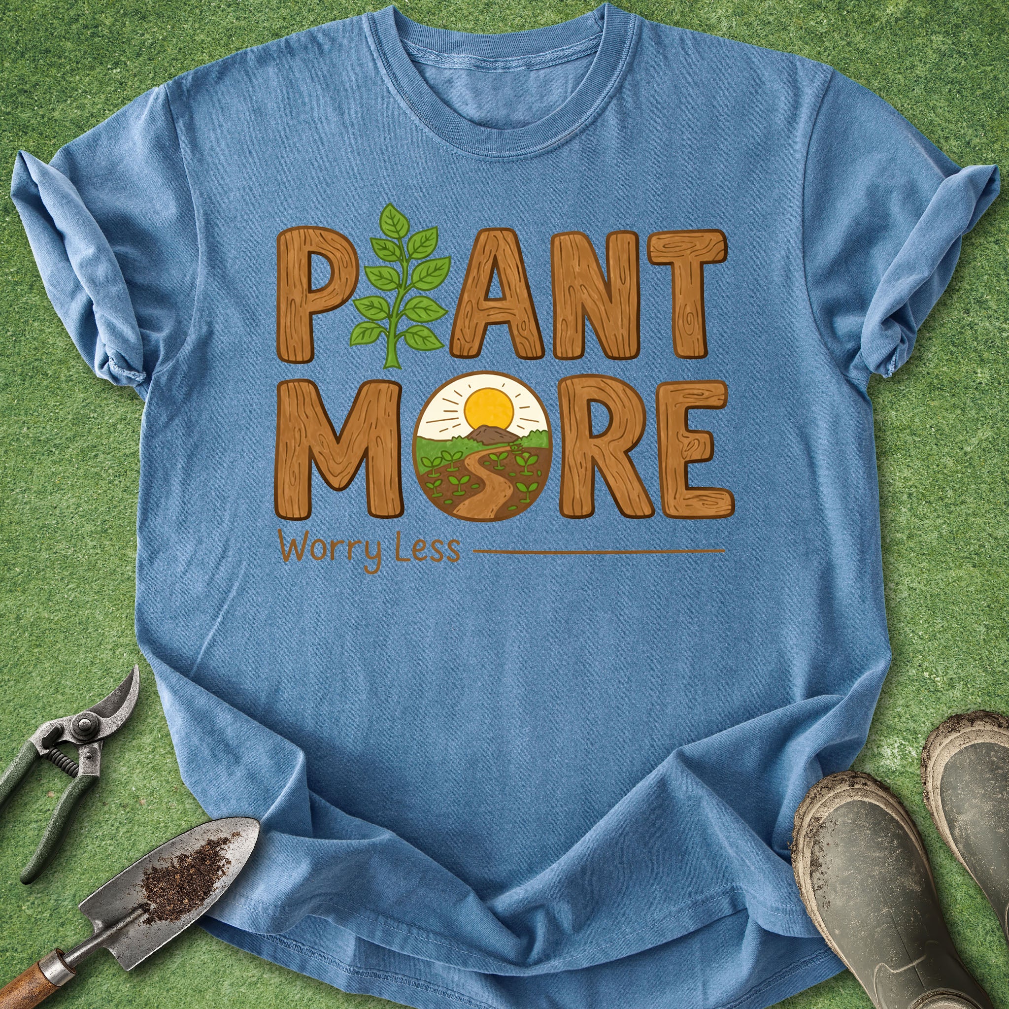 Blue t-shirt with 'Plant More Worry Less' design on a grass background