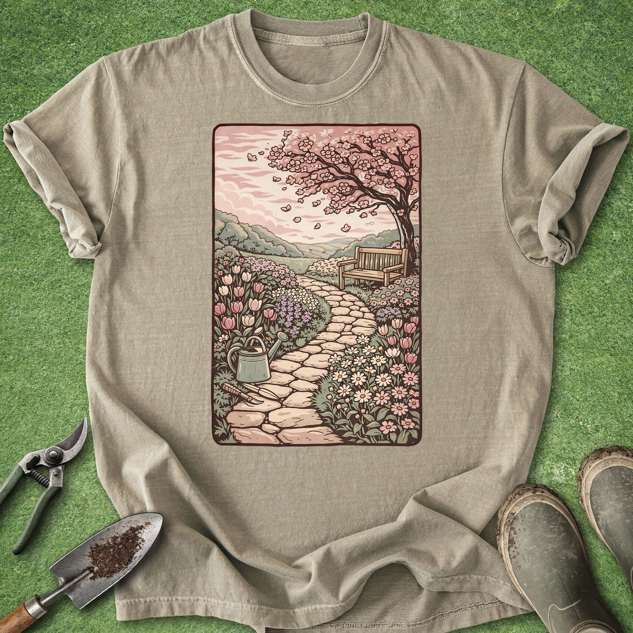Beige t-shirt with a garden scene graphic on a green grass background