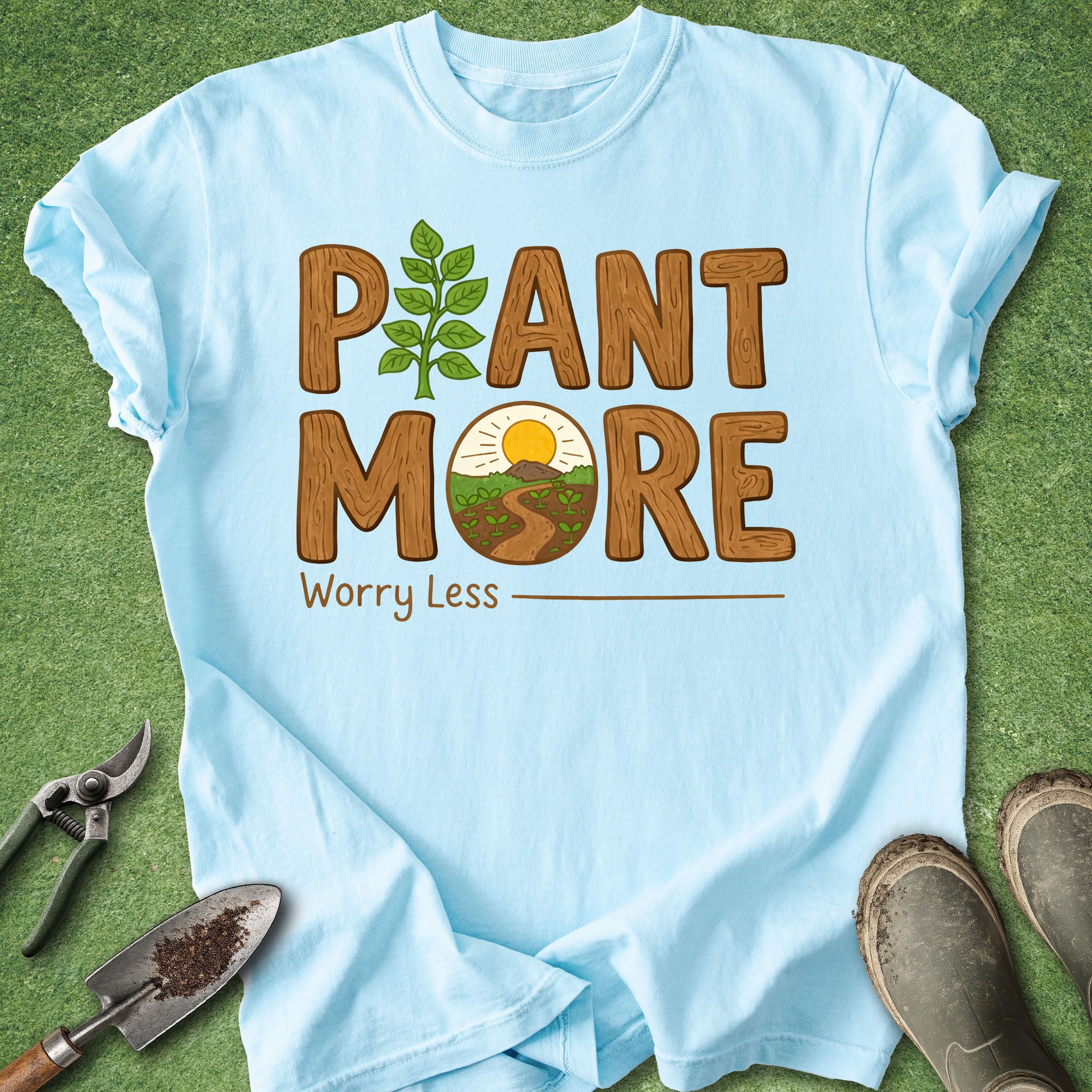 Light blue t-shirt with 'Plant More Worry Less' design on a grass background