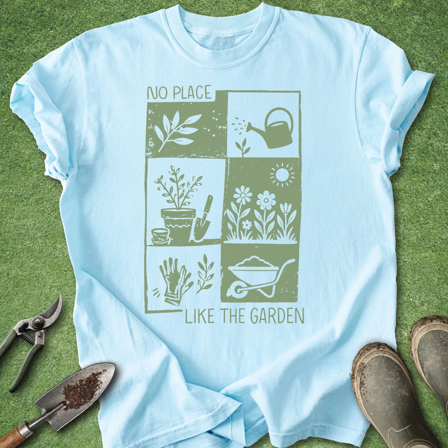 gardening shirt with plant and tool illustrations