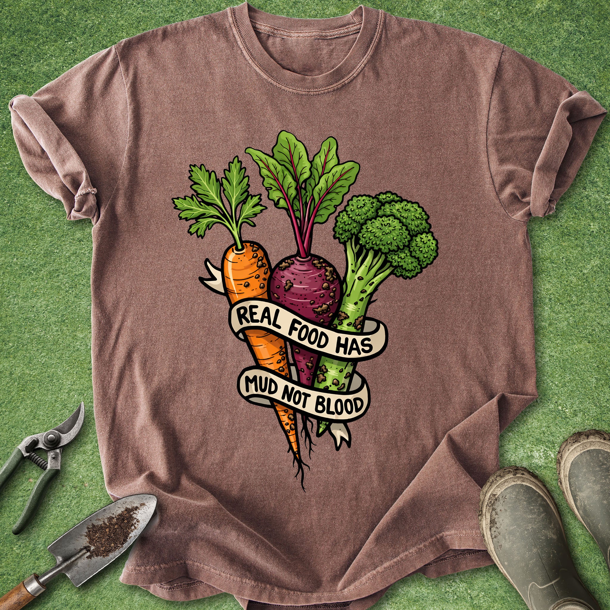 Brown t-shirt with vegetable graphic and text on a green background