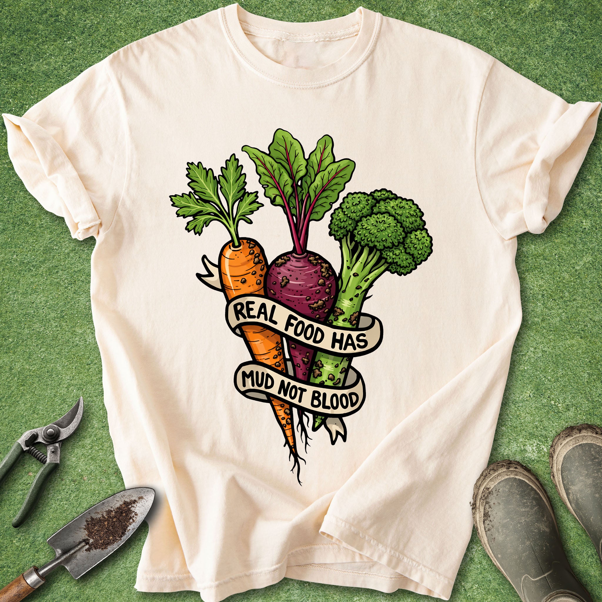 White t-shirt with vegetable graphic and text on a green background