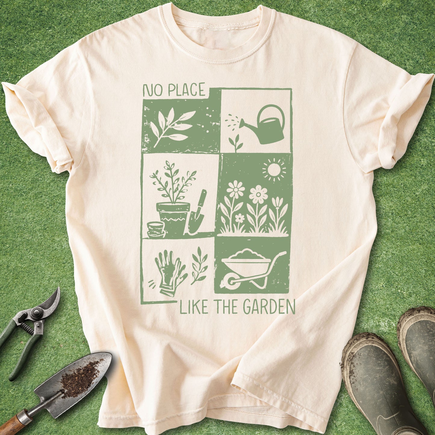 Ivory t-shirt with “No Place Like the Garden” text and vintage gardening icons design