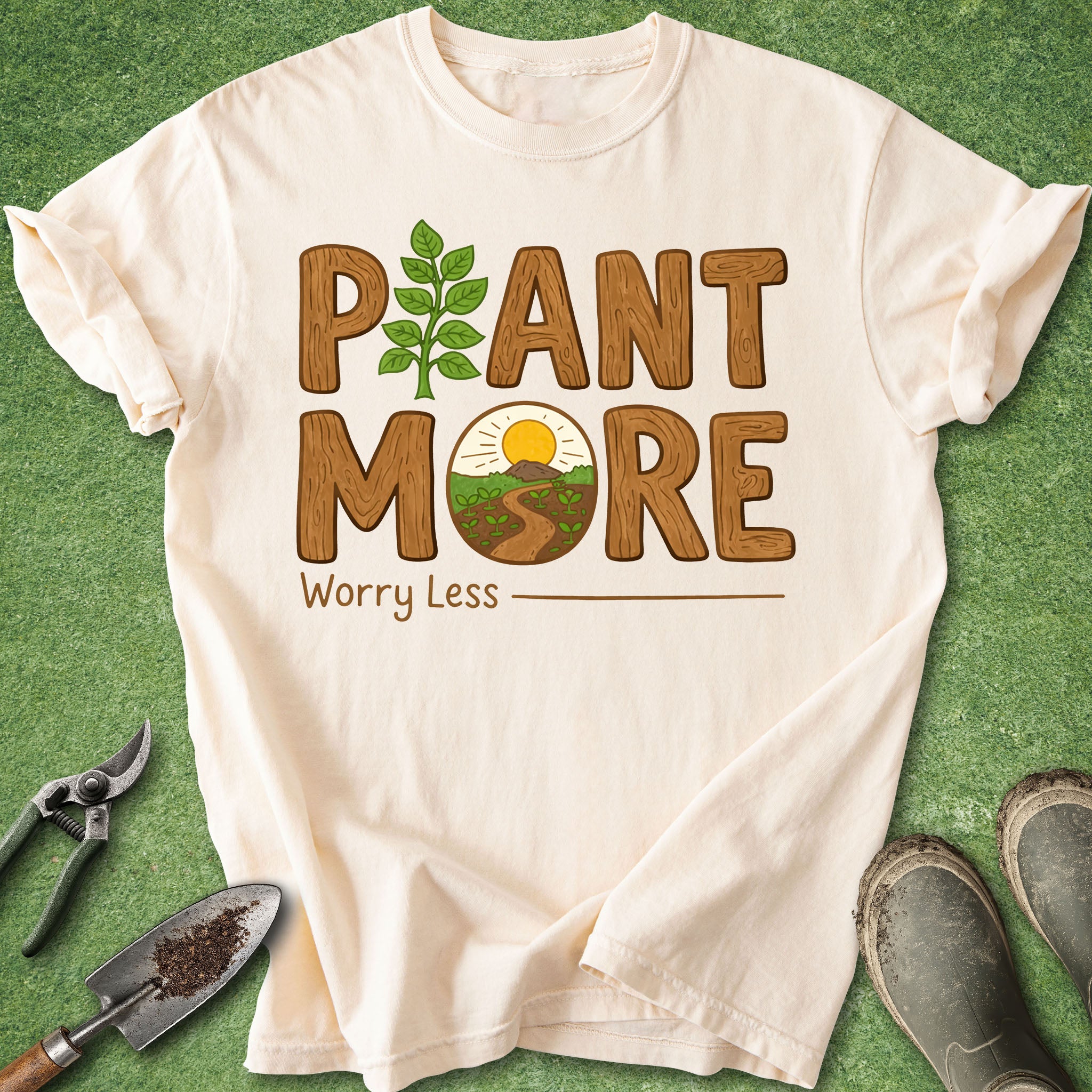 plant more worry less shirt with garden illustration and positive quote gardening plant lover t-shirt