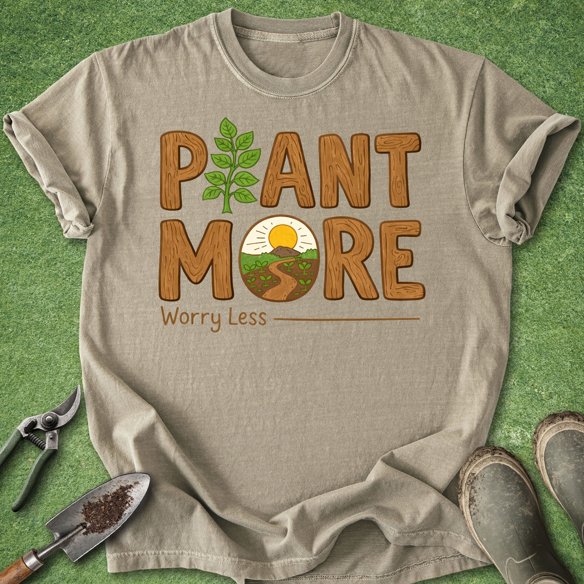 Beige t-shirt with 'Plant More Worry Less' design on a green grass background
