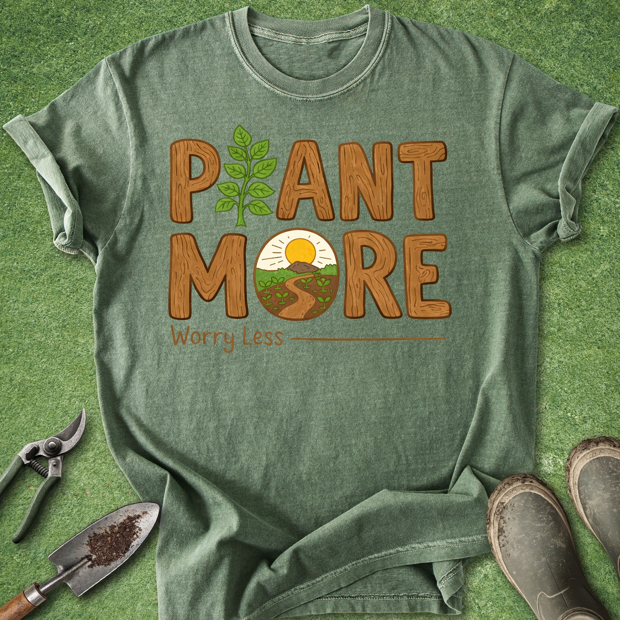 Green t-shirt with 'Plant More, Worry Less' design on a green background with gardening tools.