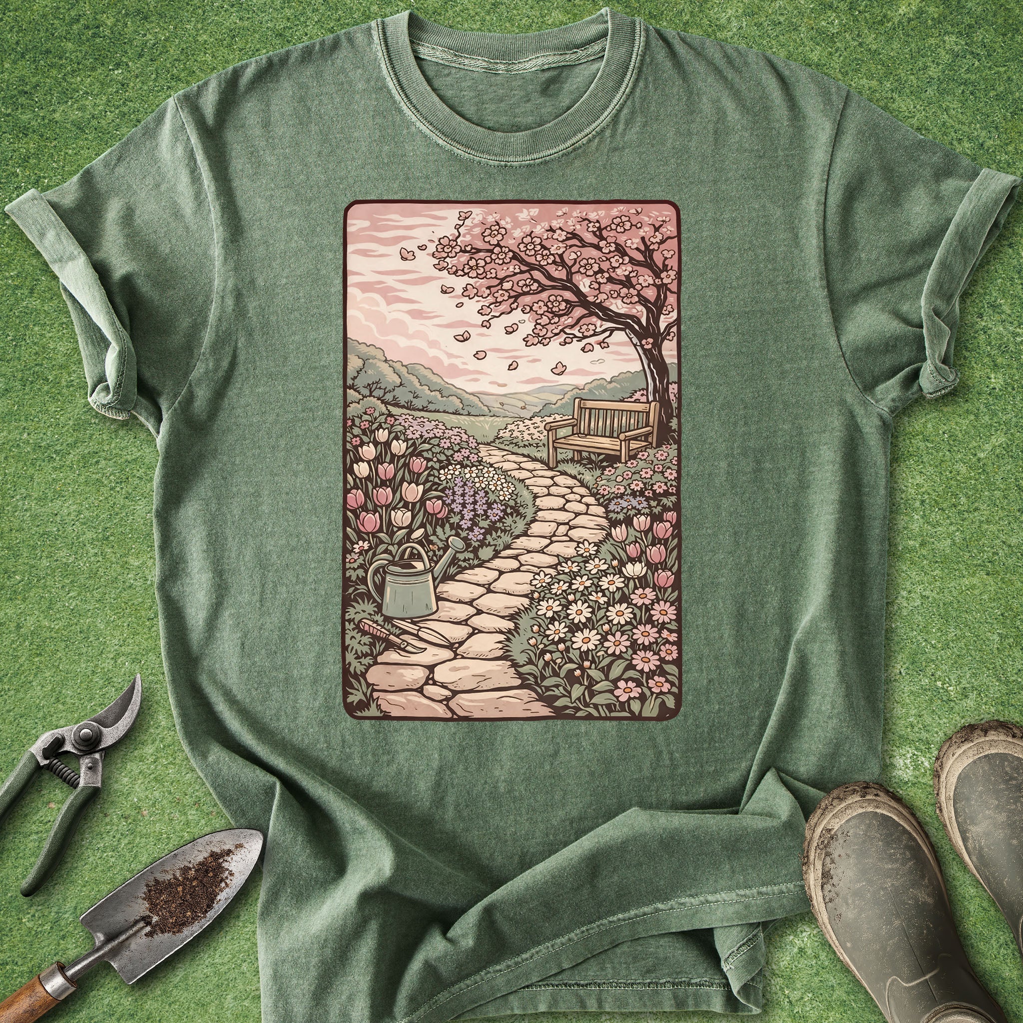 Green t-shirt with a garden illustration on a grass background