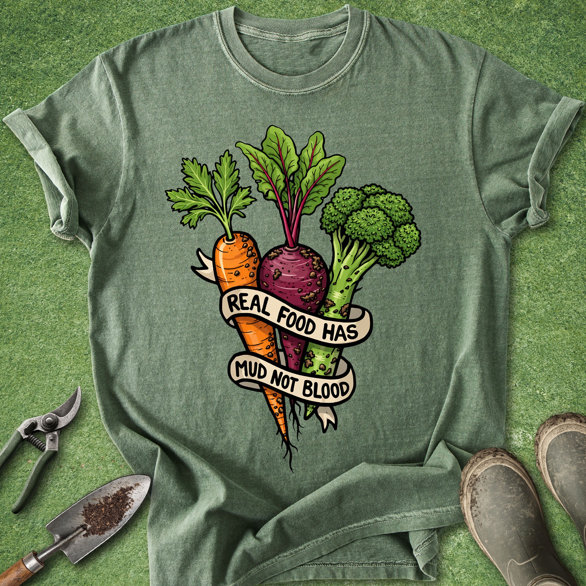 Green t-shirt with vegetable graphic and text on a green background