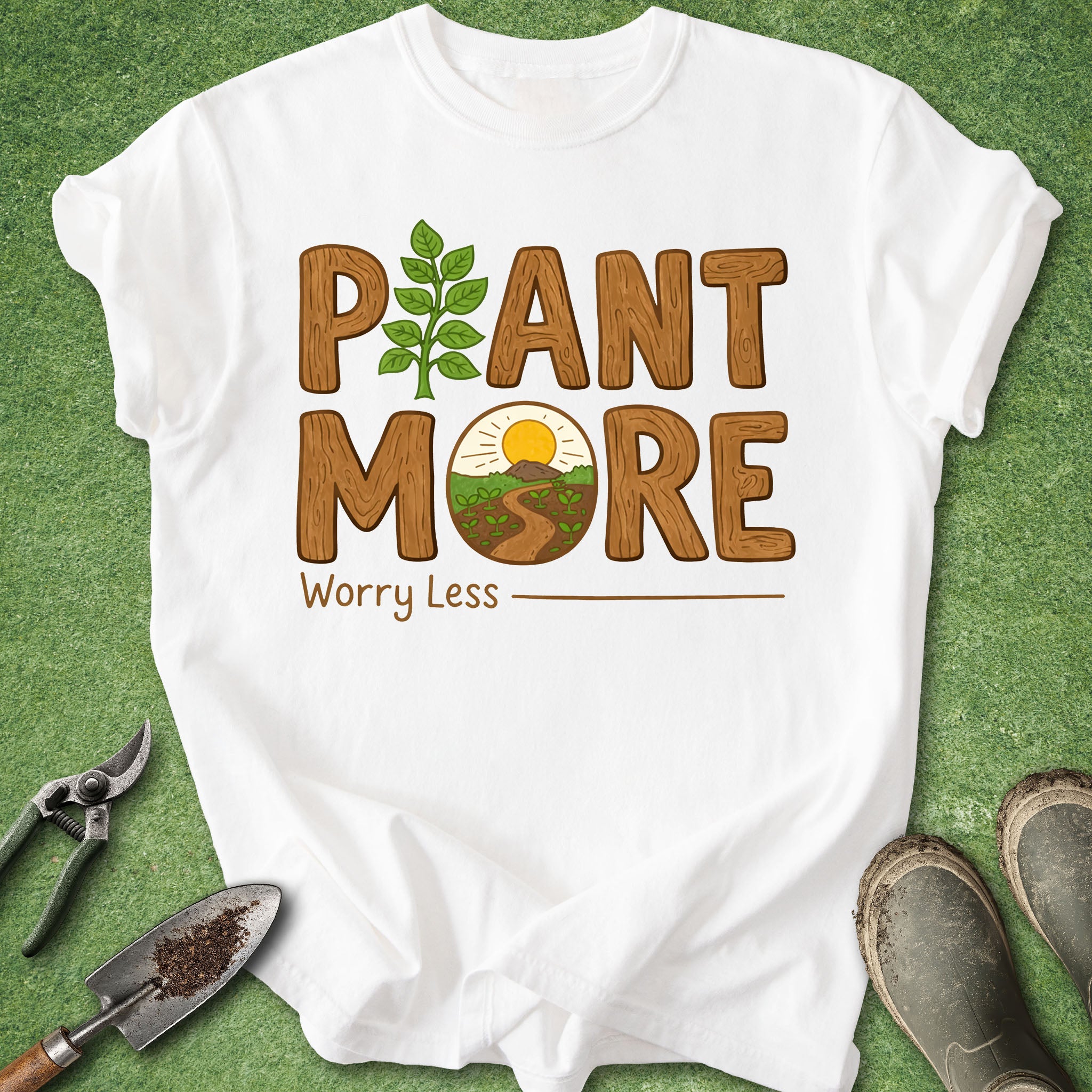 plant more worry less shirt with garden illustration and positive quote gardening plant lover t-shirt