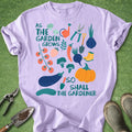 Purple t-shirt with garden-themed design and text on a green background