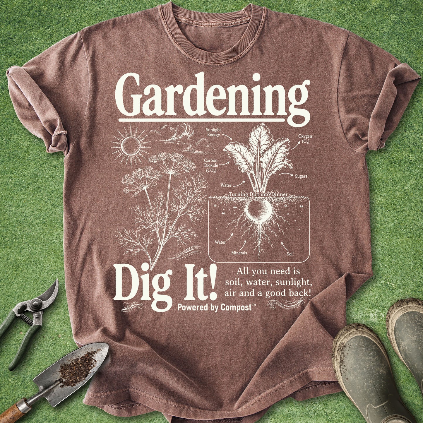 Brown t-shirt with gardening graphic and text on a green background