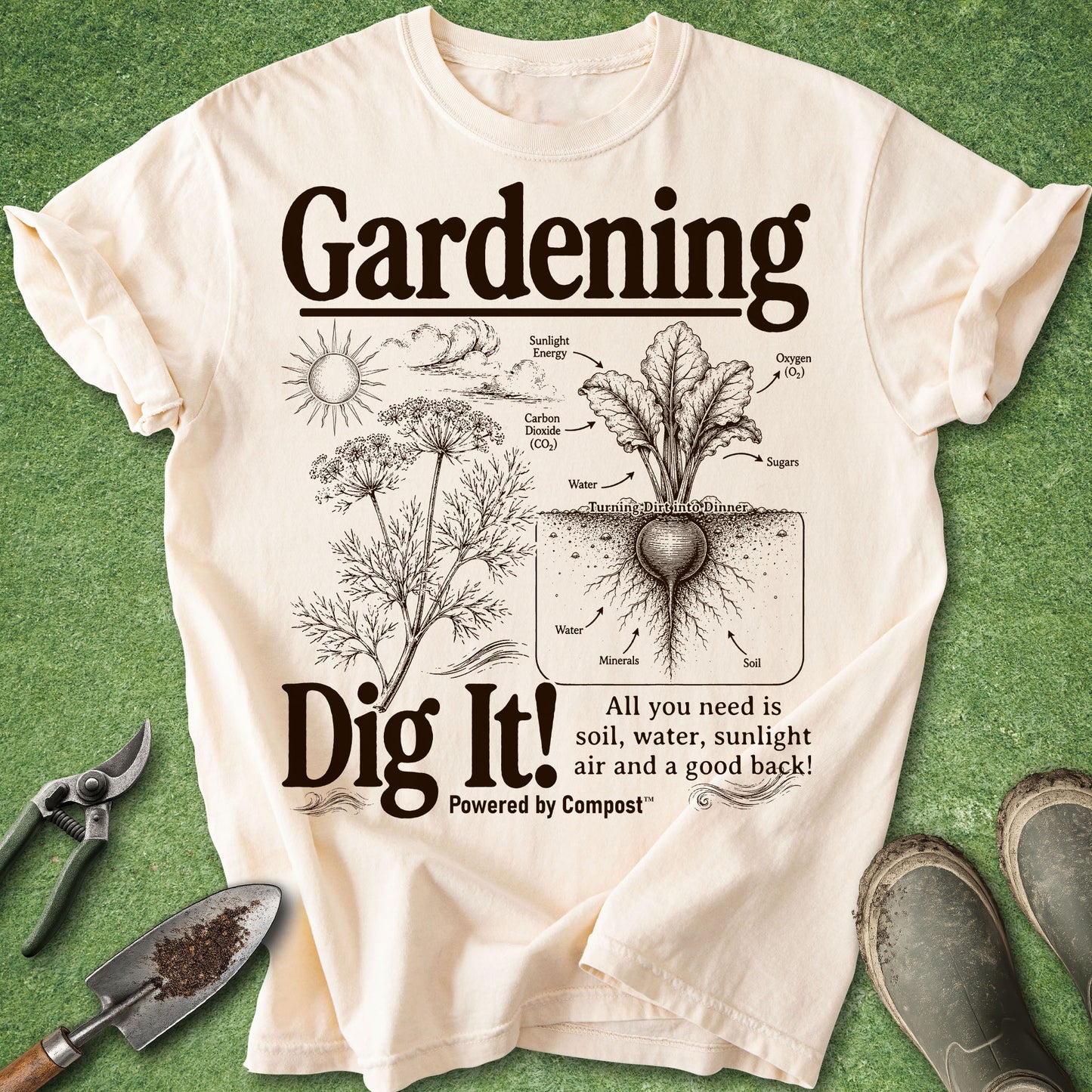 Ivory gardening t-shirt featuring a vintage botanical infographic with vegetables, roots, and the phrase Dig It