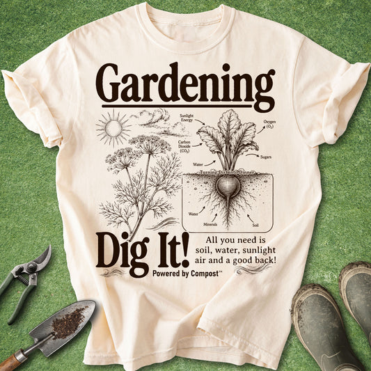 Ivory gardening t-shirt featuring a vintage botanical infographic with vegetables, roots, and the phrase Dig It