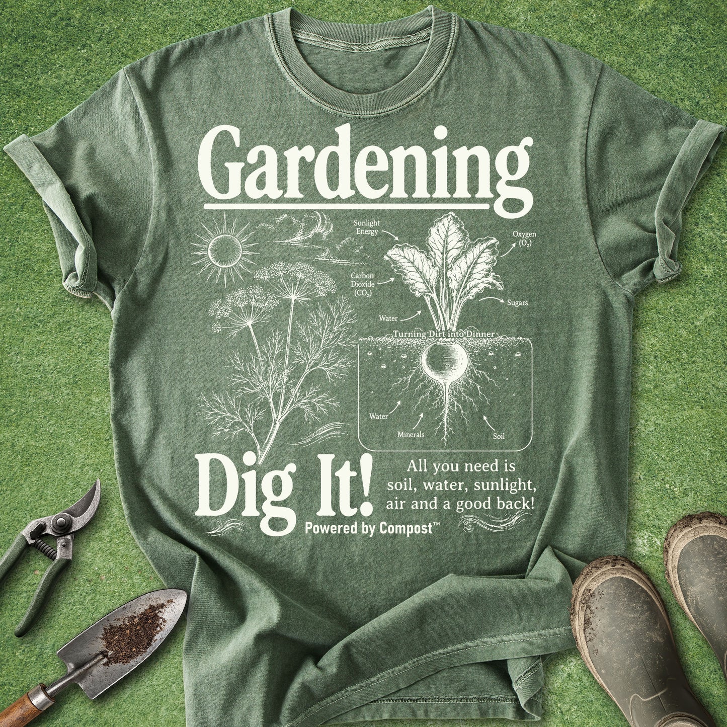 Green t-shirt with gardening graphic and text on a grass background