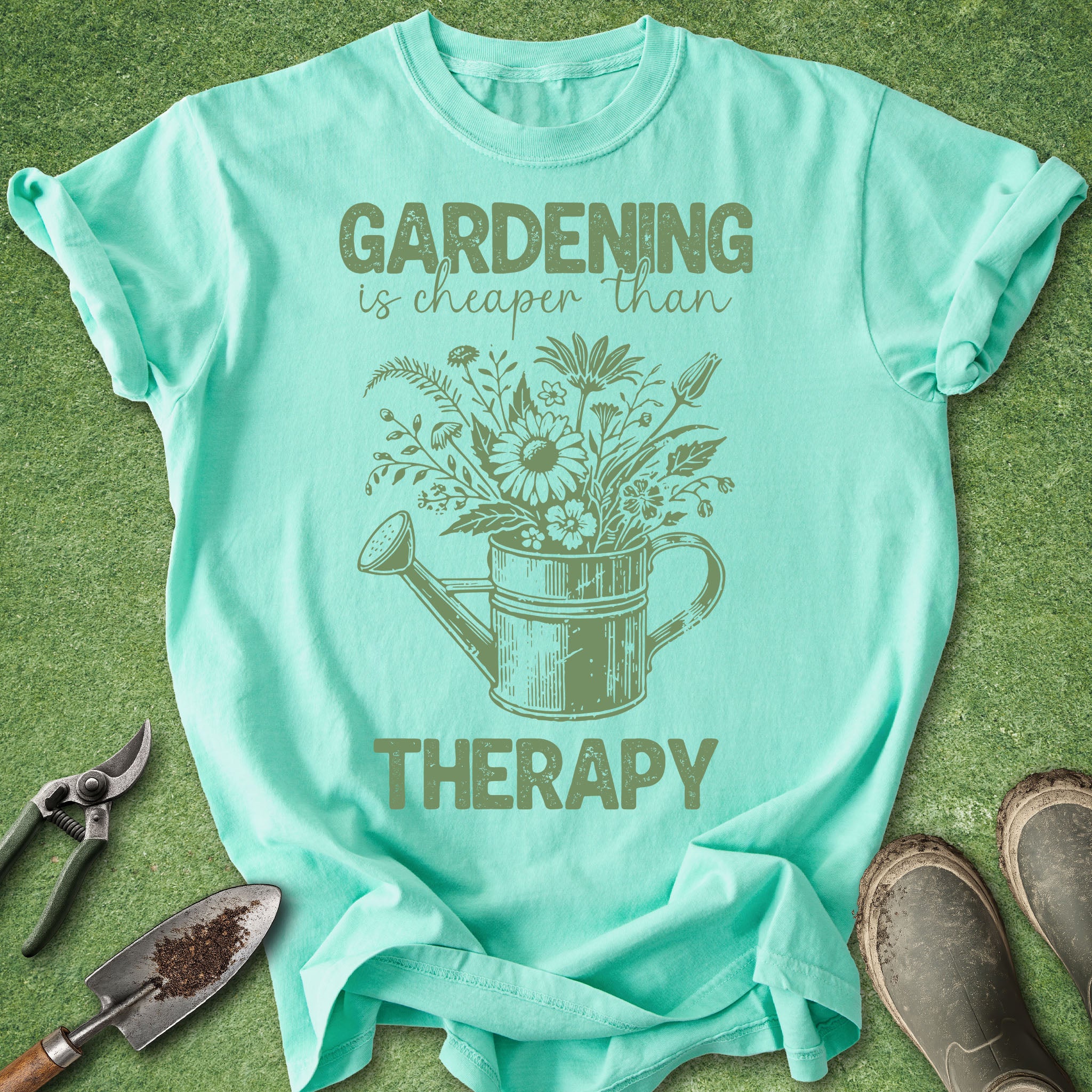 Mint green t-shirt with gardening-themed design on a grass background
